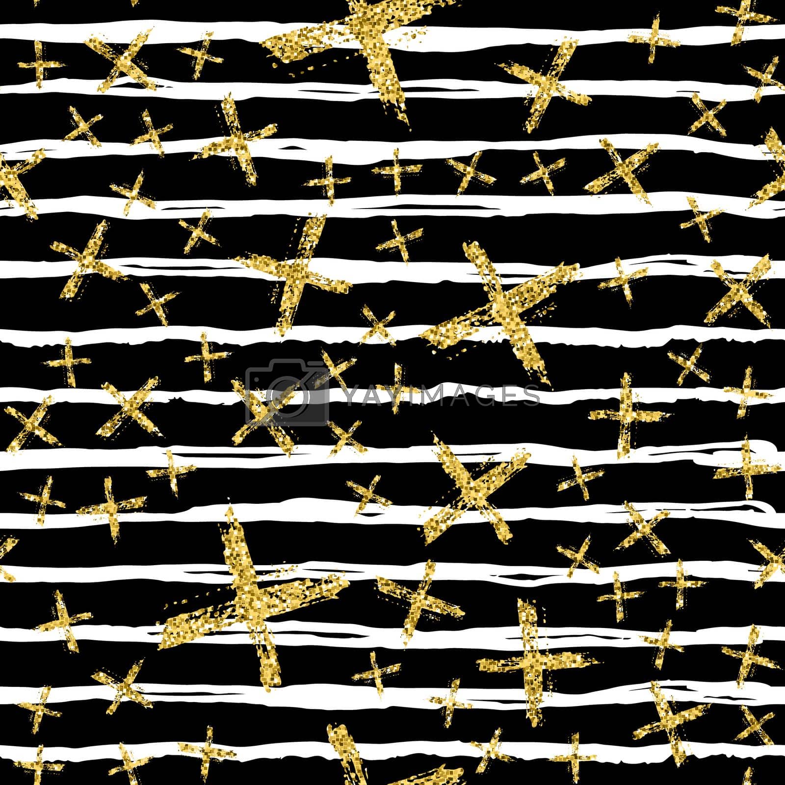 Royalty free image of Modern seamless pattern with brush stripes and cross. White, gold metallic color on black background. Golden glitter texture. Ink geometric elements. Fashion catwalk style. Repeat fabric cloth print. by DesignAB