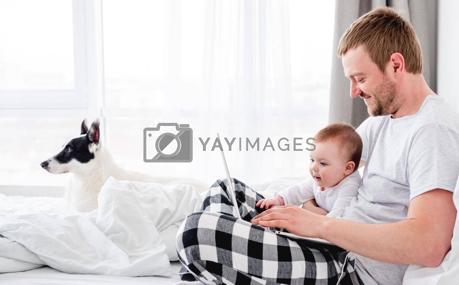 Young father sitting in the bed with little son and cute dog and working on notebook. Man freelancer staying in the bedroom with his child boy and pet doggy in the morning time