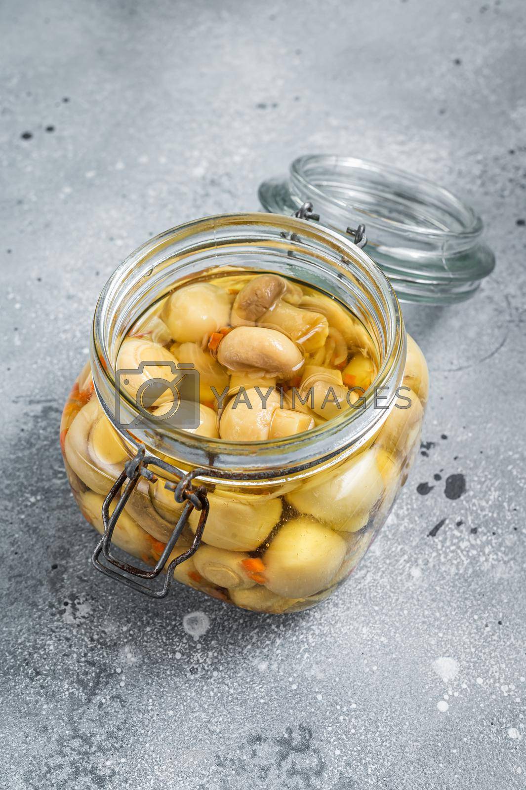 Royalty free image of Pickled mushrooms champignons in a glass jar. Gray background. Top view by Composter
