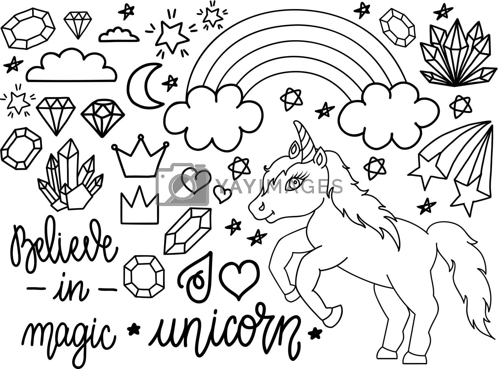 Royalty free image of Hand drawn unicorn and other elements. Set of outline vector illustrations in doodle or cartoon style for coloring books and much more by Marin4ik