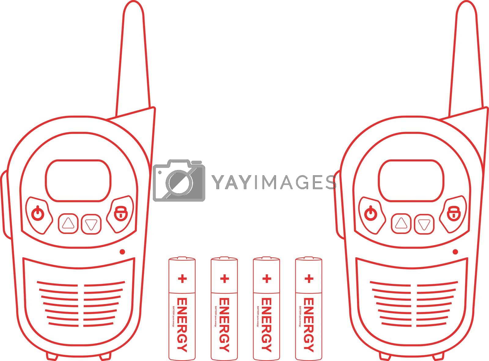 Two travel black portable mobile vector radio set devices wit 4 accumulator batteries. Contour lines illustration isolated on white