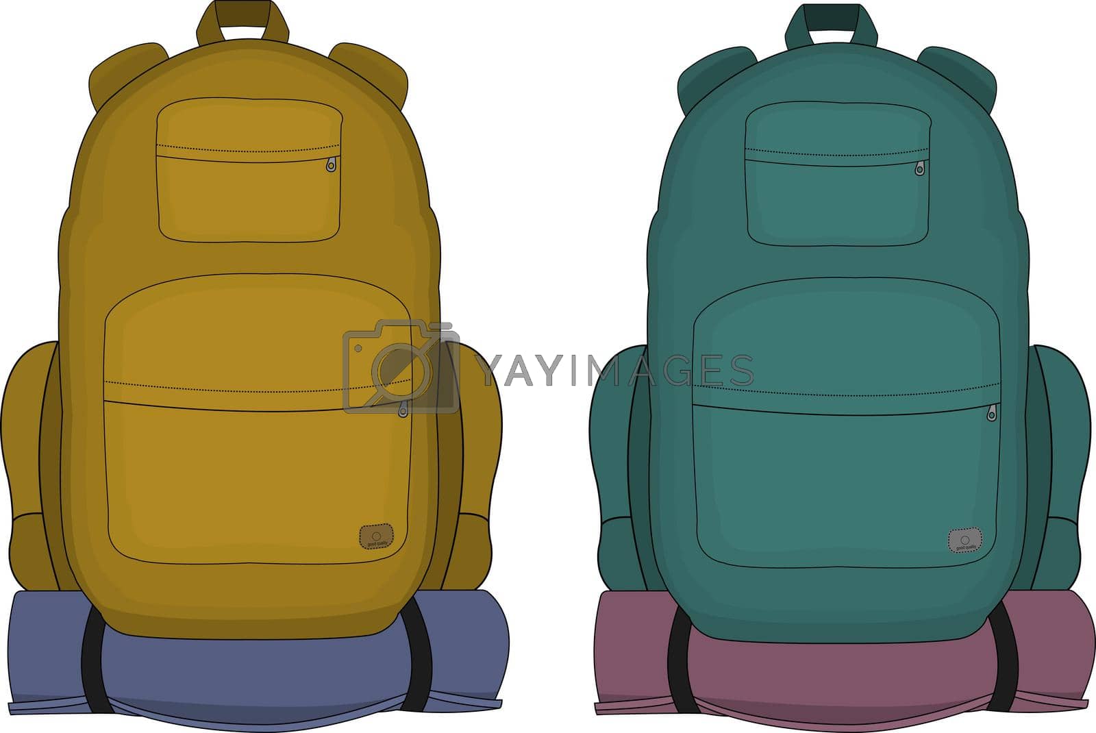 Travel backpacks with mattress. Mustard and aqua blue colors. Vector clip art illustrations isolated on white