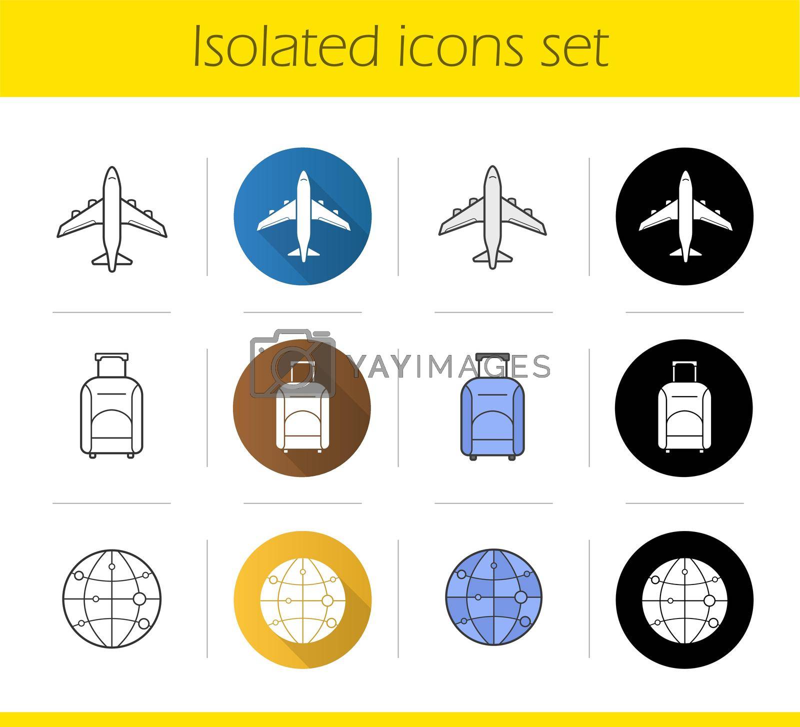 Air travel icons set. Flat design, linear, black and color styles. Travelling by plane, luggage bag on wheels, worldwide globe symbol. Isolated vector illustrations