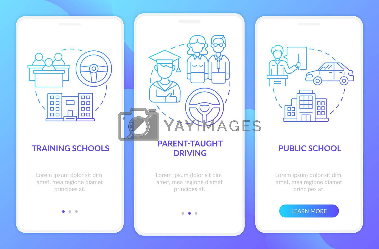 Driver education for teens blue gradient onboarding mobile app page screen. Walkthrough 3 steps graphic instructions with concepts. UI, UX, GUI vector template with linear color illustrations