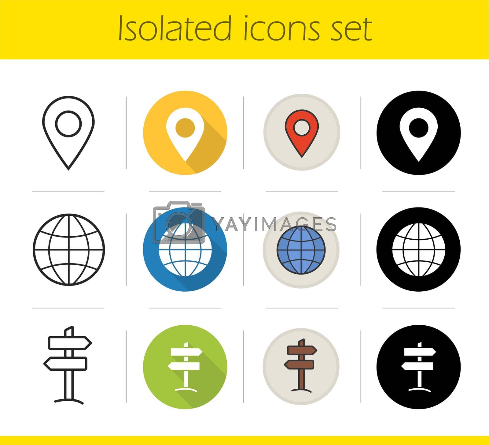 Travelling icons set. Flat design, linear, black and color styles. Geolocation mark, globe symbol, wooden way direction. Tourism isolated vector illustrations