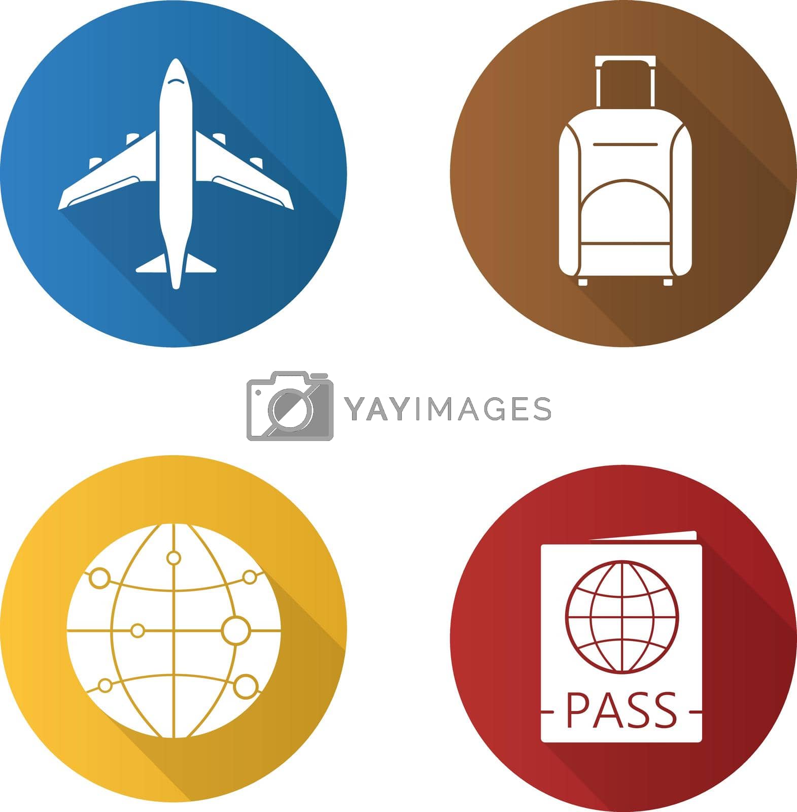 Travel flat design long shadow icons set. Plane, suitcase, passport and worldwide vector symbols