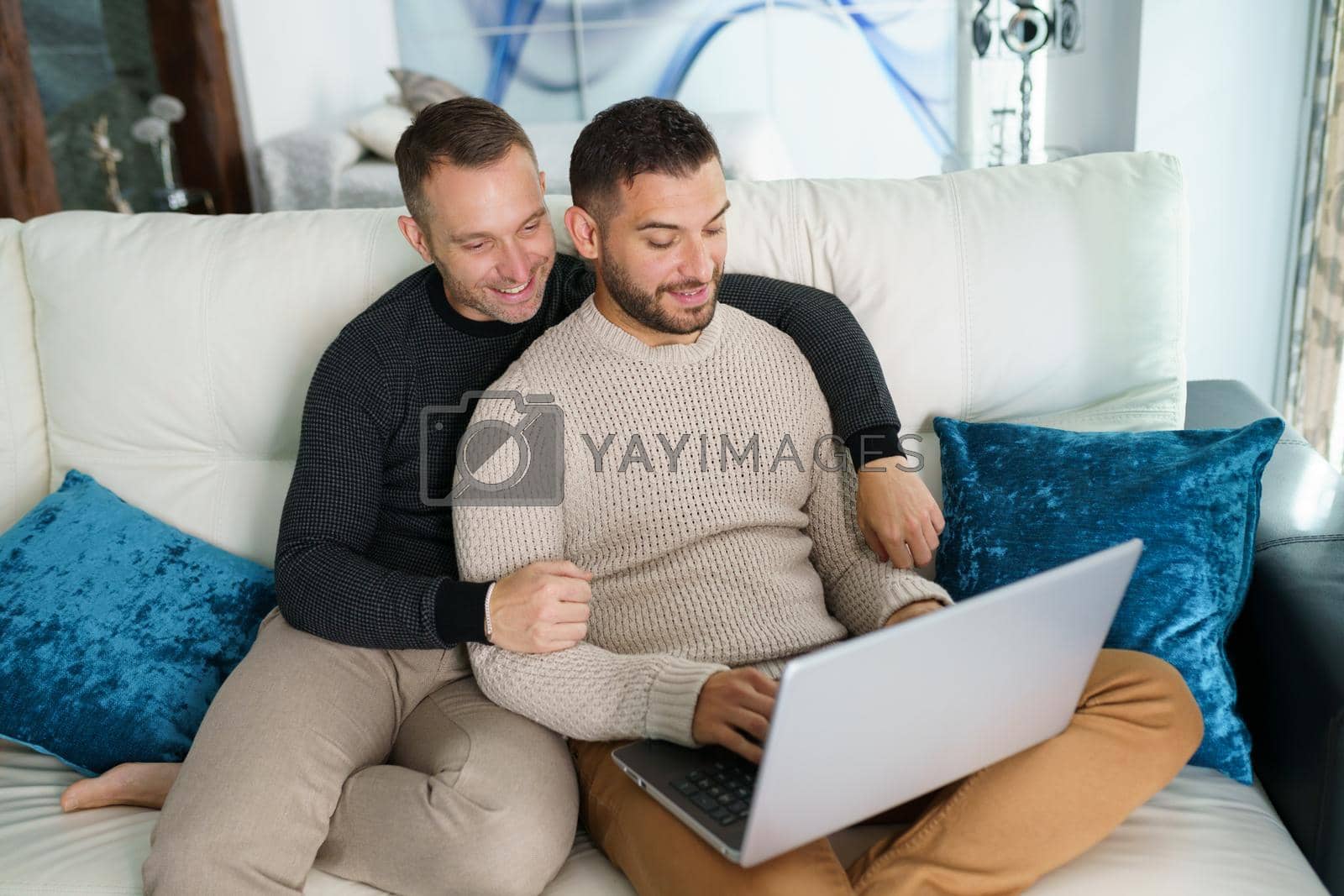 Gay couple consulting their travel plans together with a laptop. Homosexual Lifestyle concept.