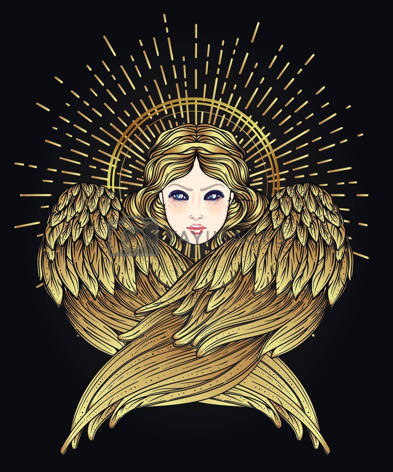 Royalty free image of Sirin, Alkonost, Gamayun mythological creature of Russian legends. Angel girl with wings. Isolated hand drawn vector illustration. Spirituality, occultism, alchemy, magic by varka