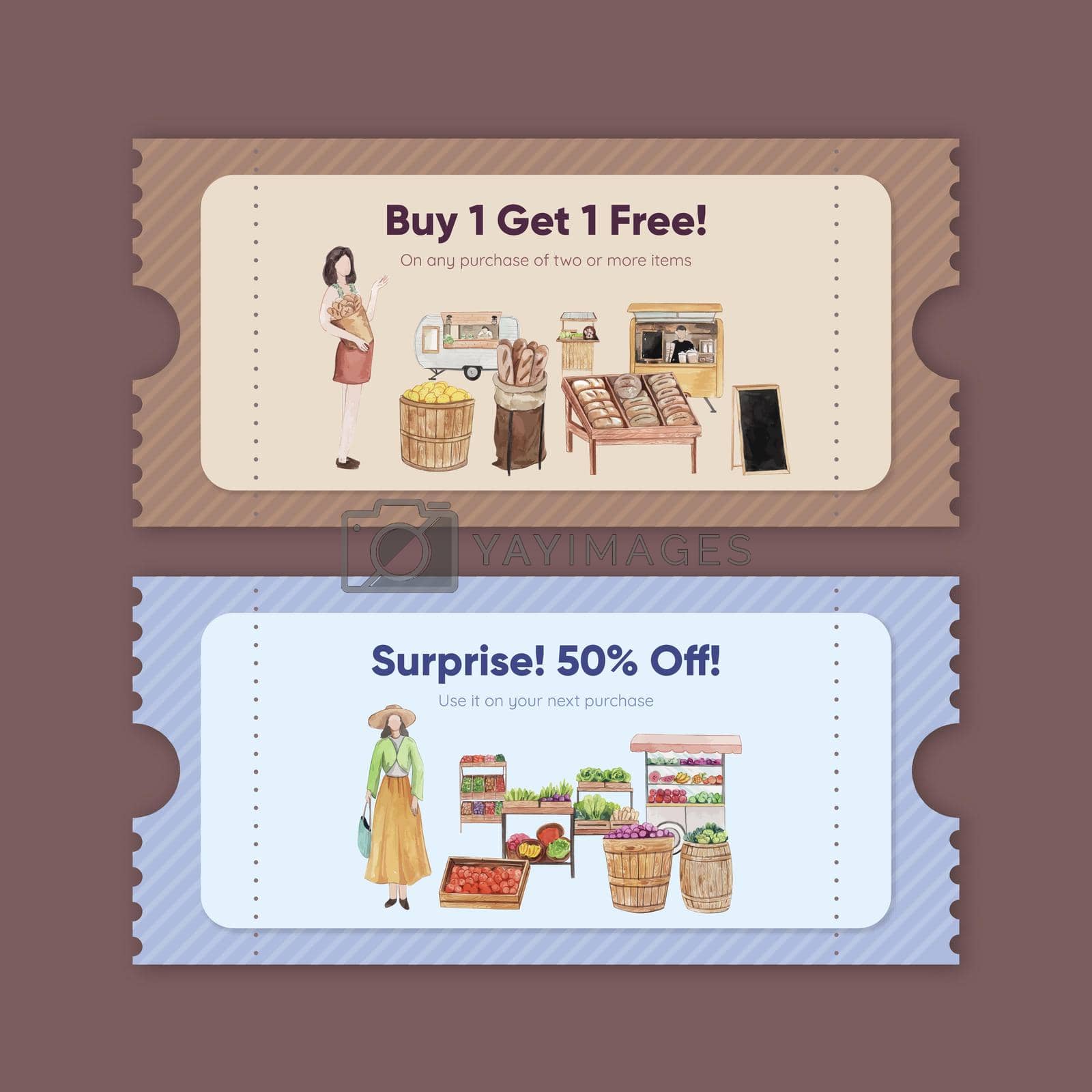 Royalty free image of Voucher template with weekend market concept,watercolor style by Photographeeasia