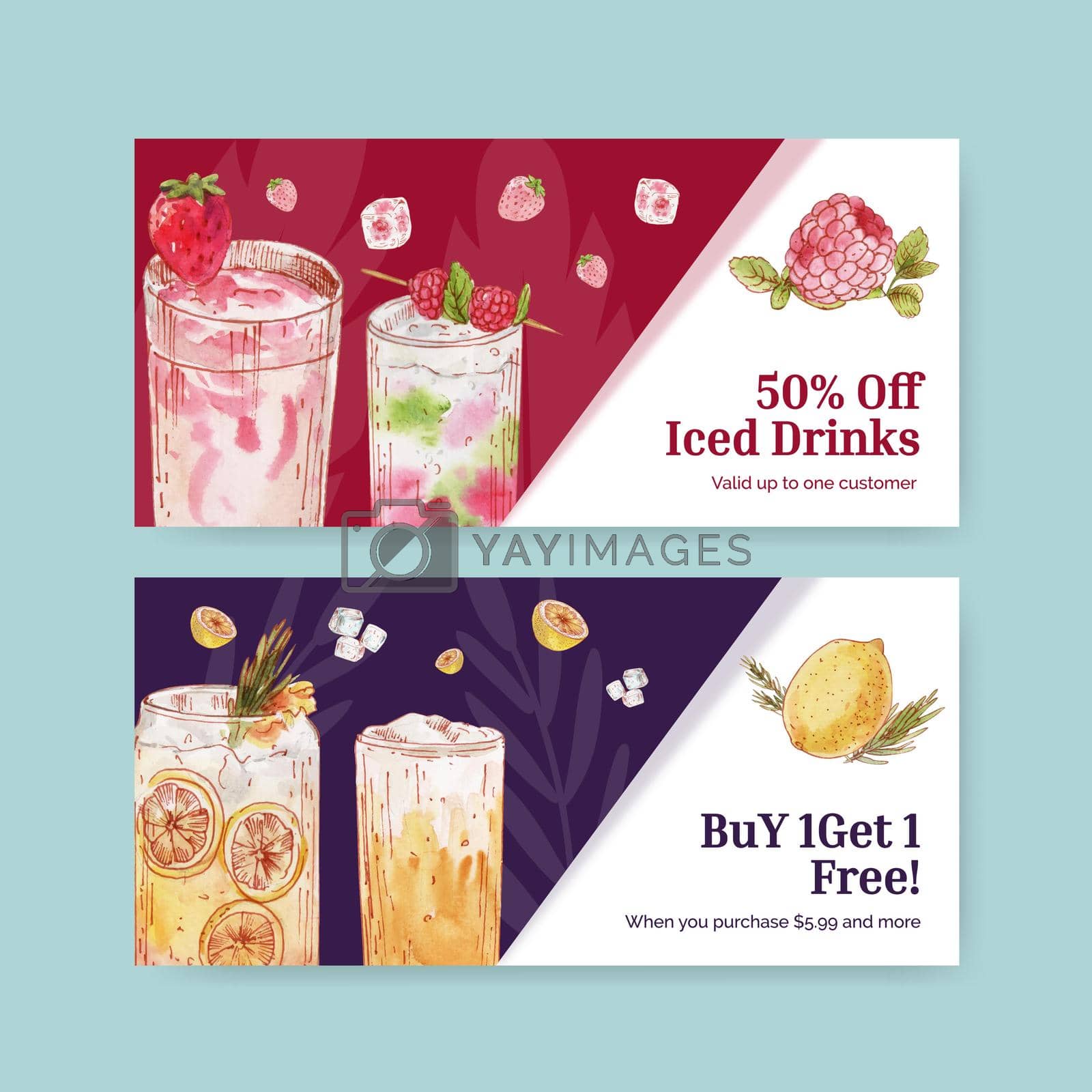 Royalty free image of Voucher template with refreshment drinks concept,watercolor style by Photographeeasia