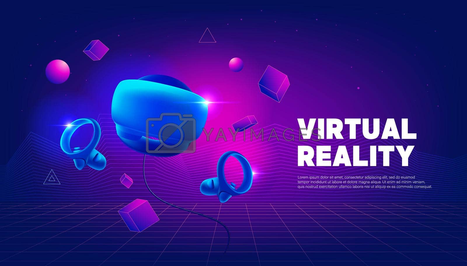 Royalty free image of Virtual reality headset and controllers for gaming. VR helmet. Metaverse technology banner template. by windawake