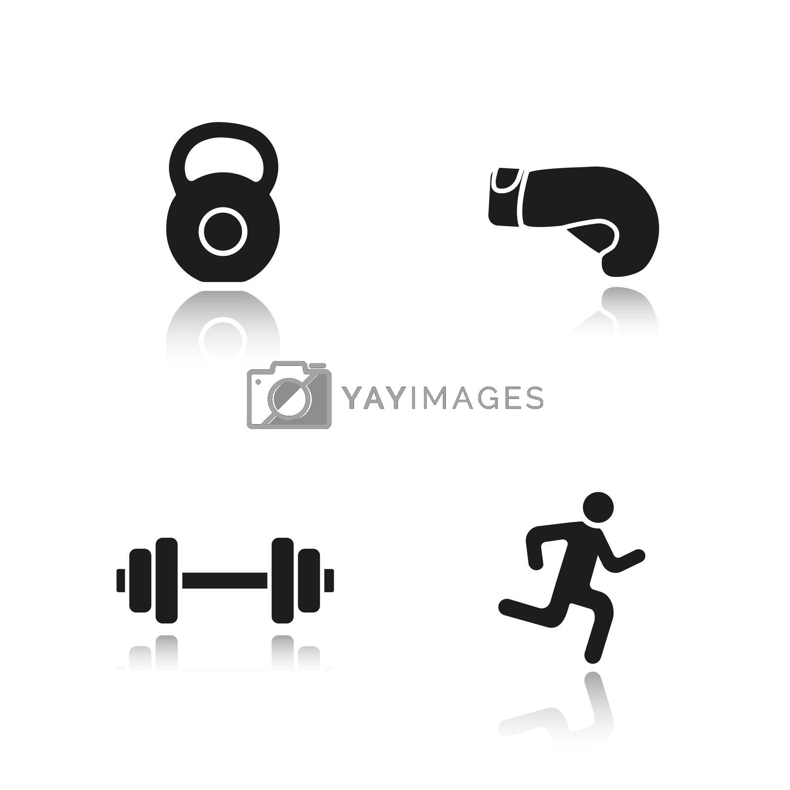 Sport and fitness drop shadow black icons set. Gym dumbbell and kettlebell, running man and boxing glove. Active lifestyle. Isolated vector illustrations