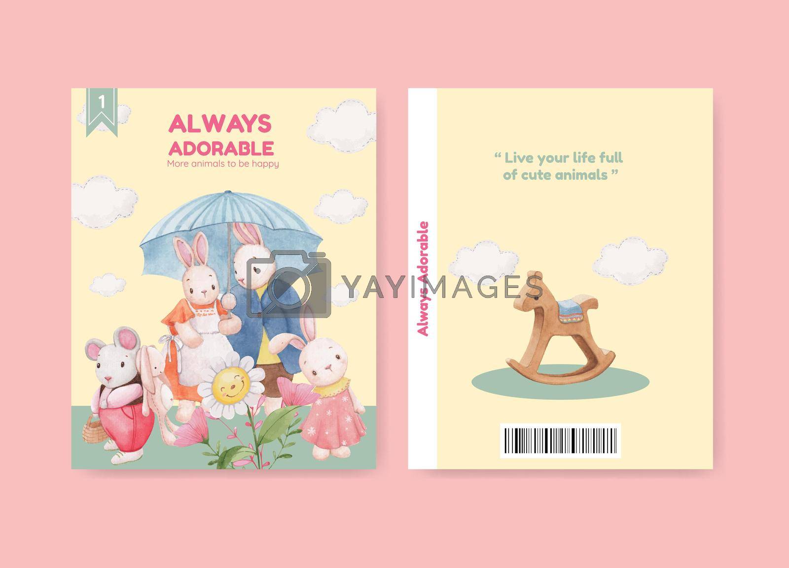 Cover book template with adorable animals concept,watercolor style
