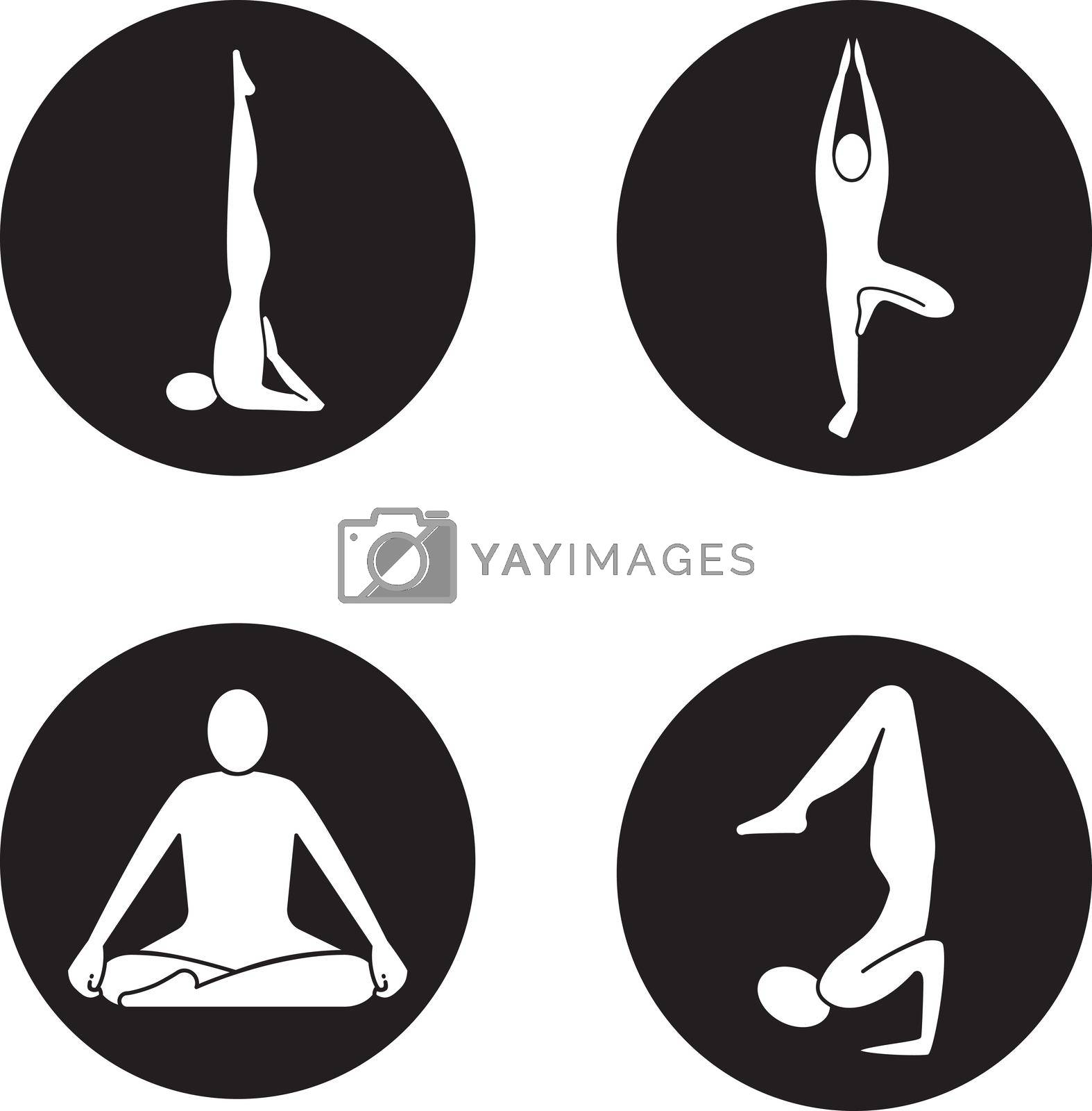 Yoga asanas icons set. Sarvangasana, vrikshasana, siddhasana, vrishchikasana yoga positions. Vector white silhouettes illustrations in black circles