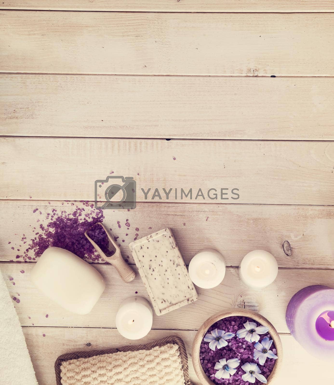 Composition of spa treatment on the white wooden table