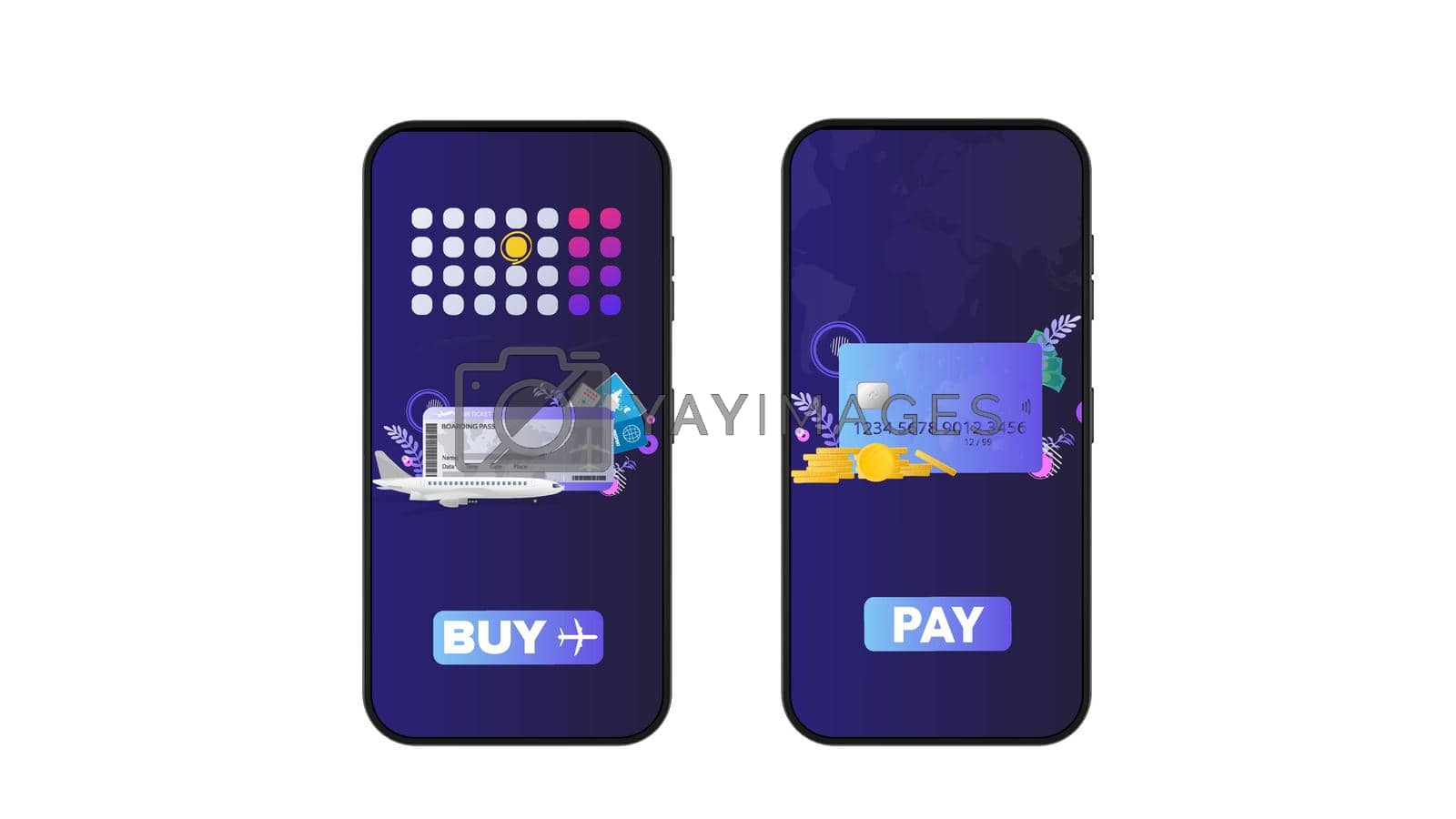 Royalty free image of Phone with the application for the purchase of airline tickets. Payment application. The concept of an online store and buying airline tickets. Vector. by Javvani