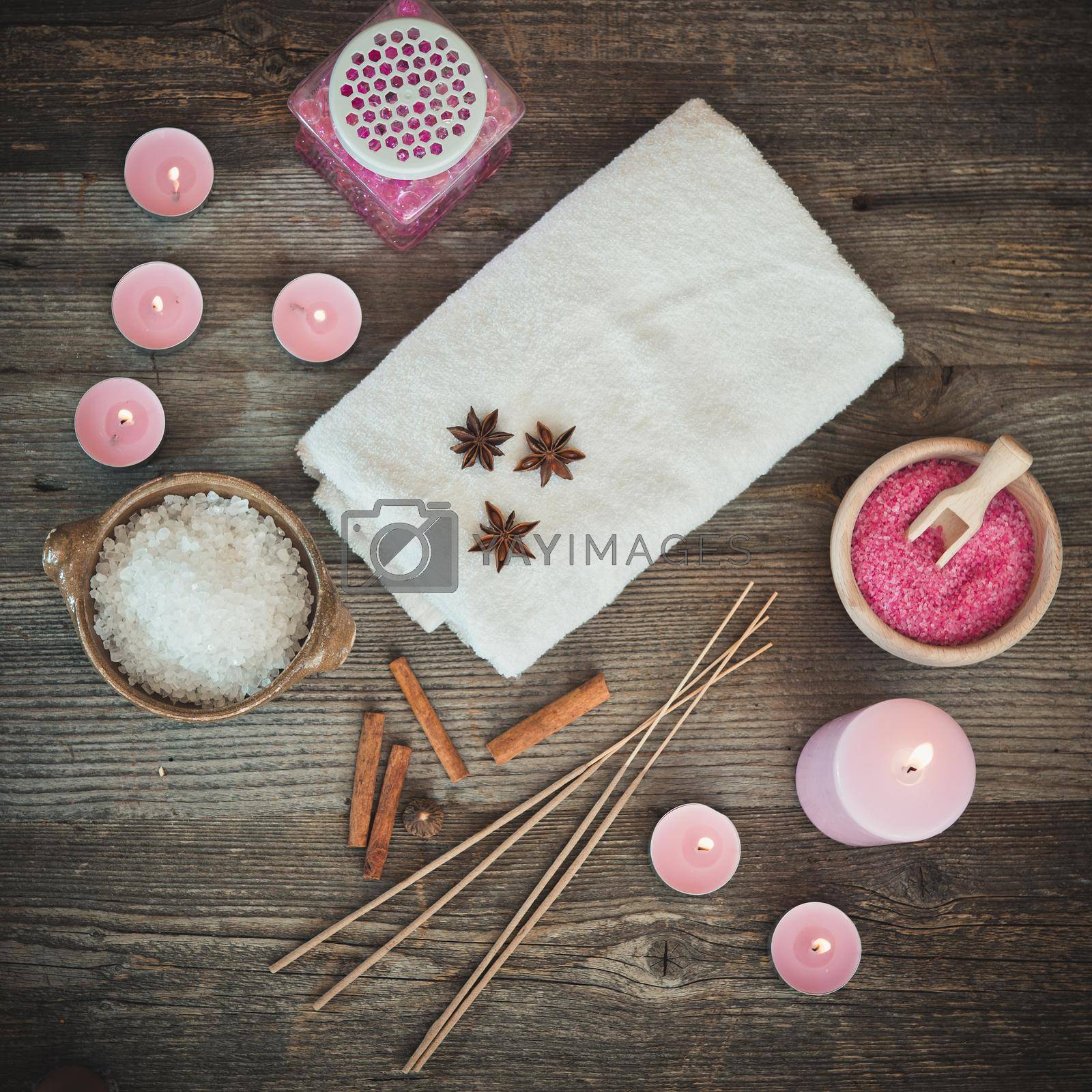 Composition of spa treatment on the wooden table