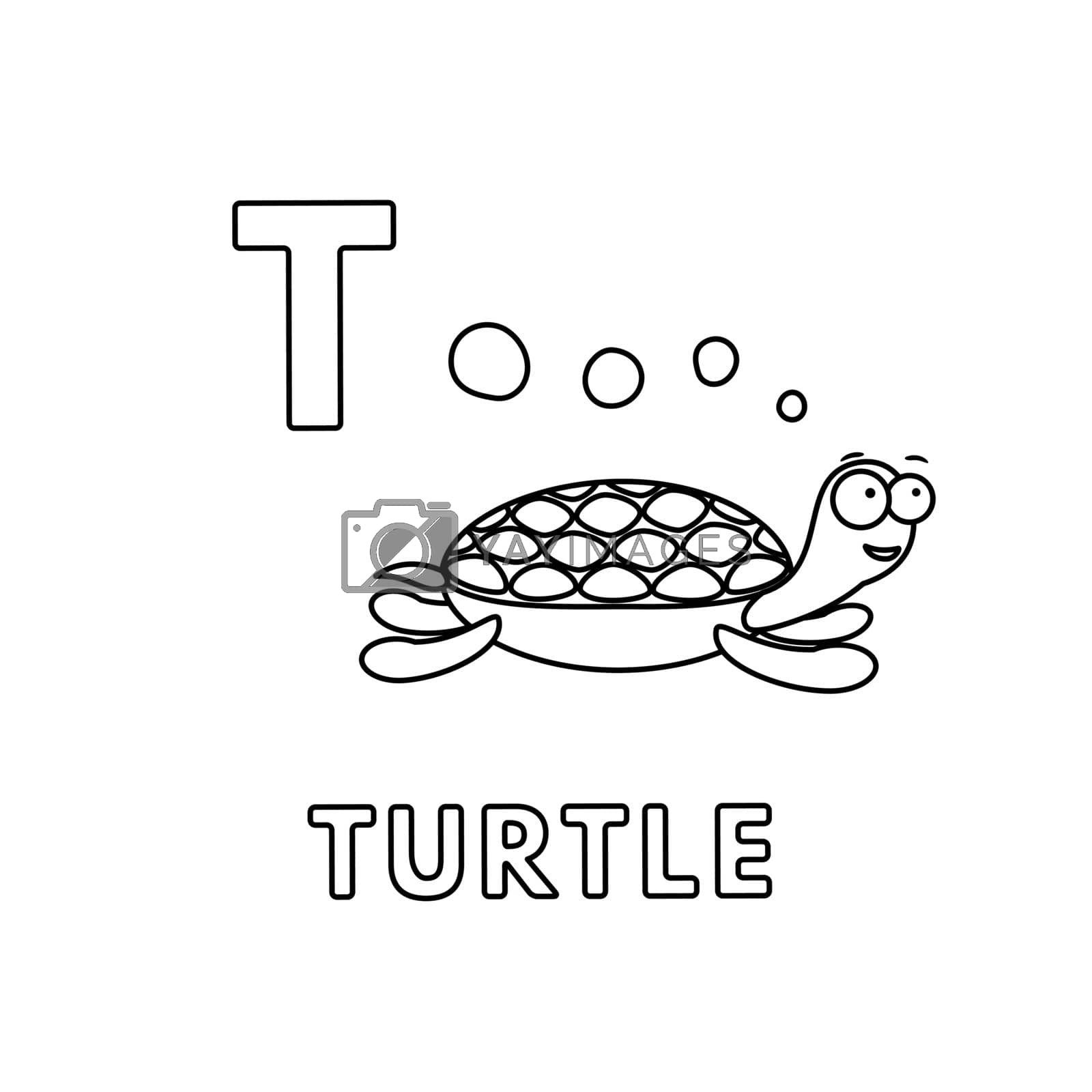 Alphabet with cute cartoon animals isolated on white background. Coloring pages for children education. Vector illustration of turtle and letter T
