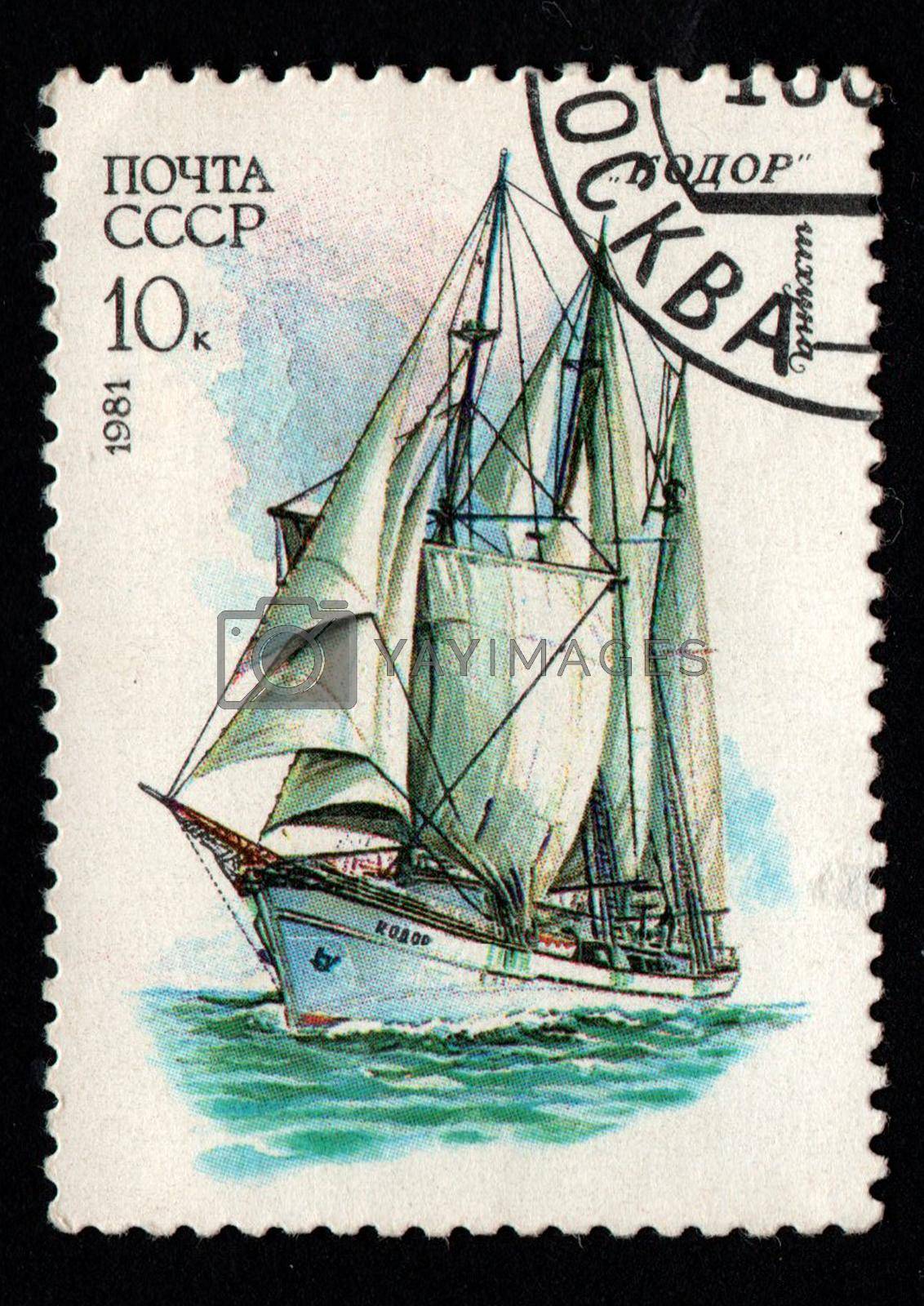 Royalty free image of sailing ship schooner Kodor on a USSR postage stamp by alexmak