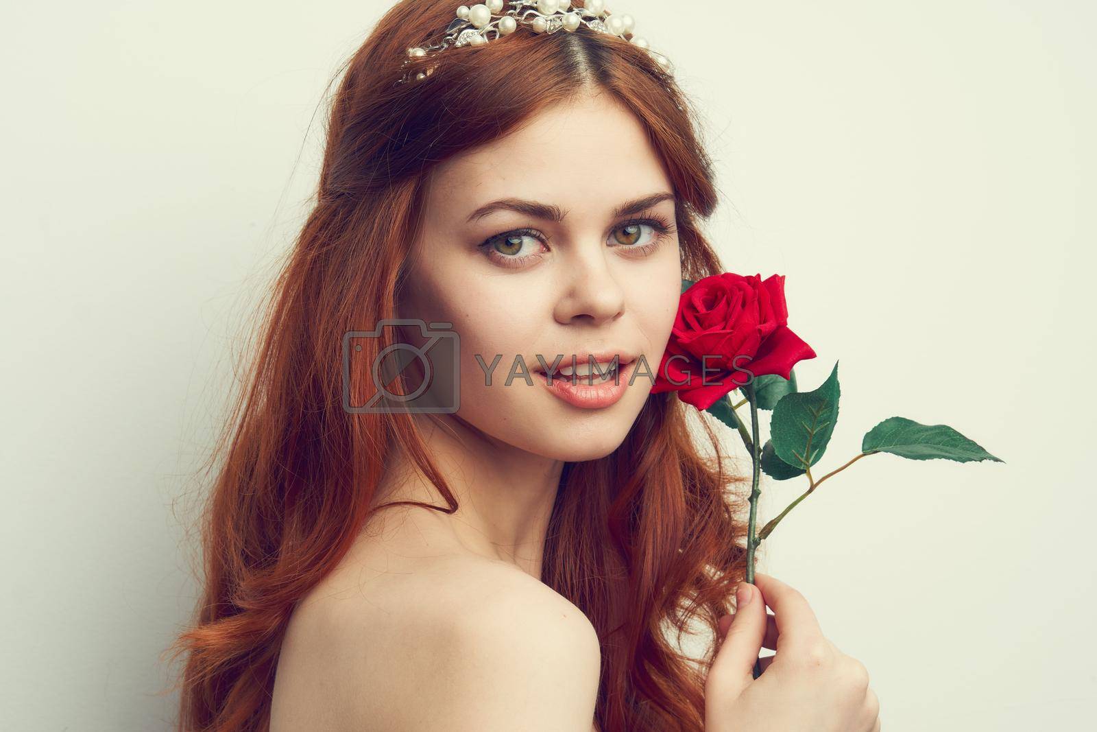 cheerful woman fashion hairstyle rose flower charm romance. High quality photo