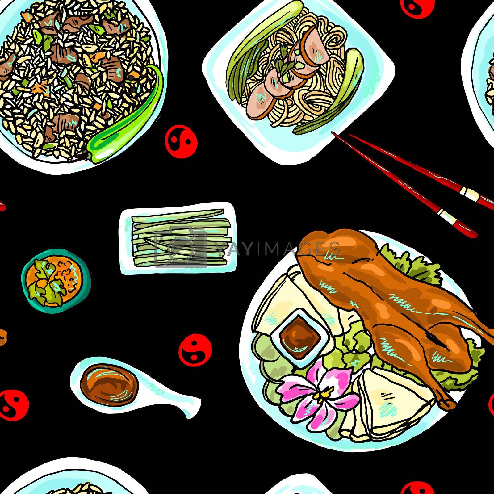 beautiful hand- drawn seamless pattern chinese food on the red background