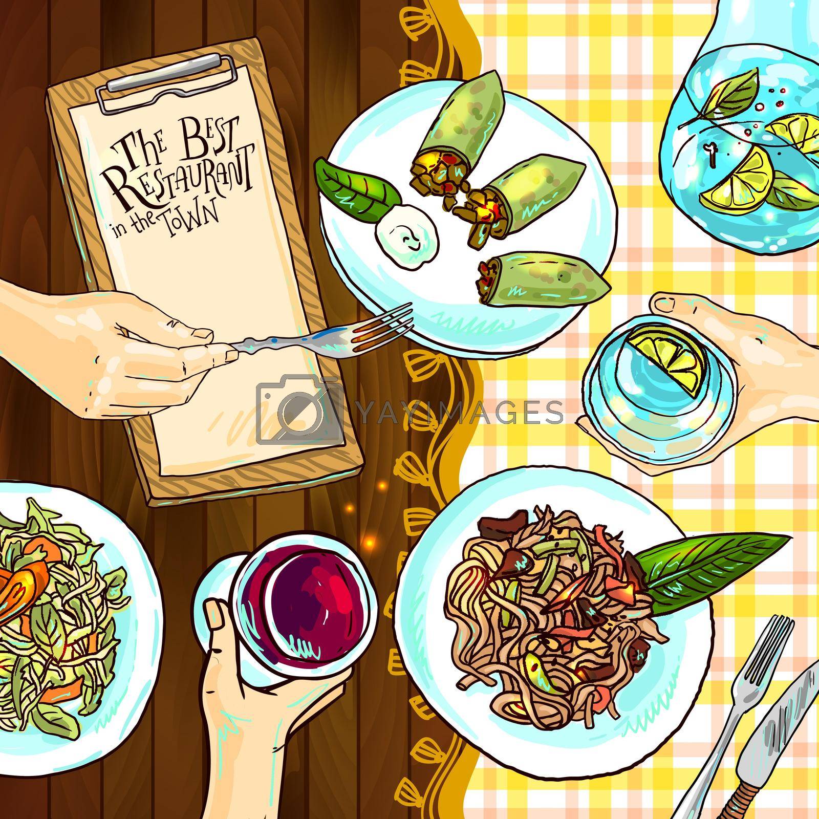 Beautiful hand drawn illustration restaurant food top view