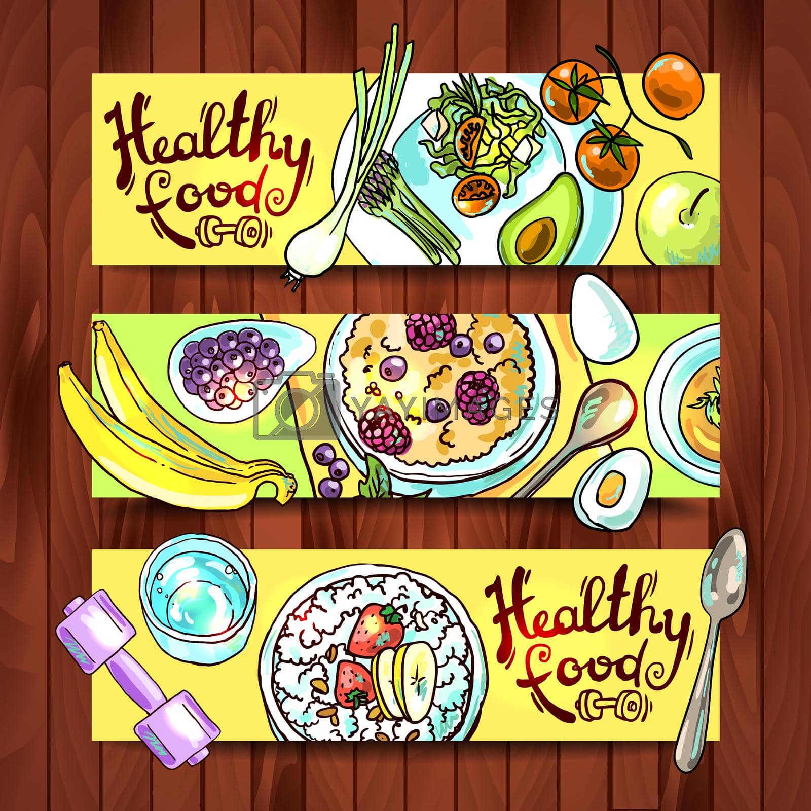Beautiful hand- drawn banners healthy food for your design