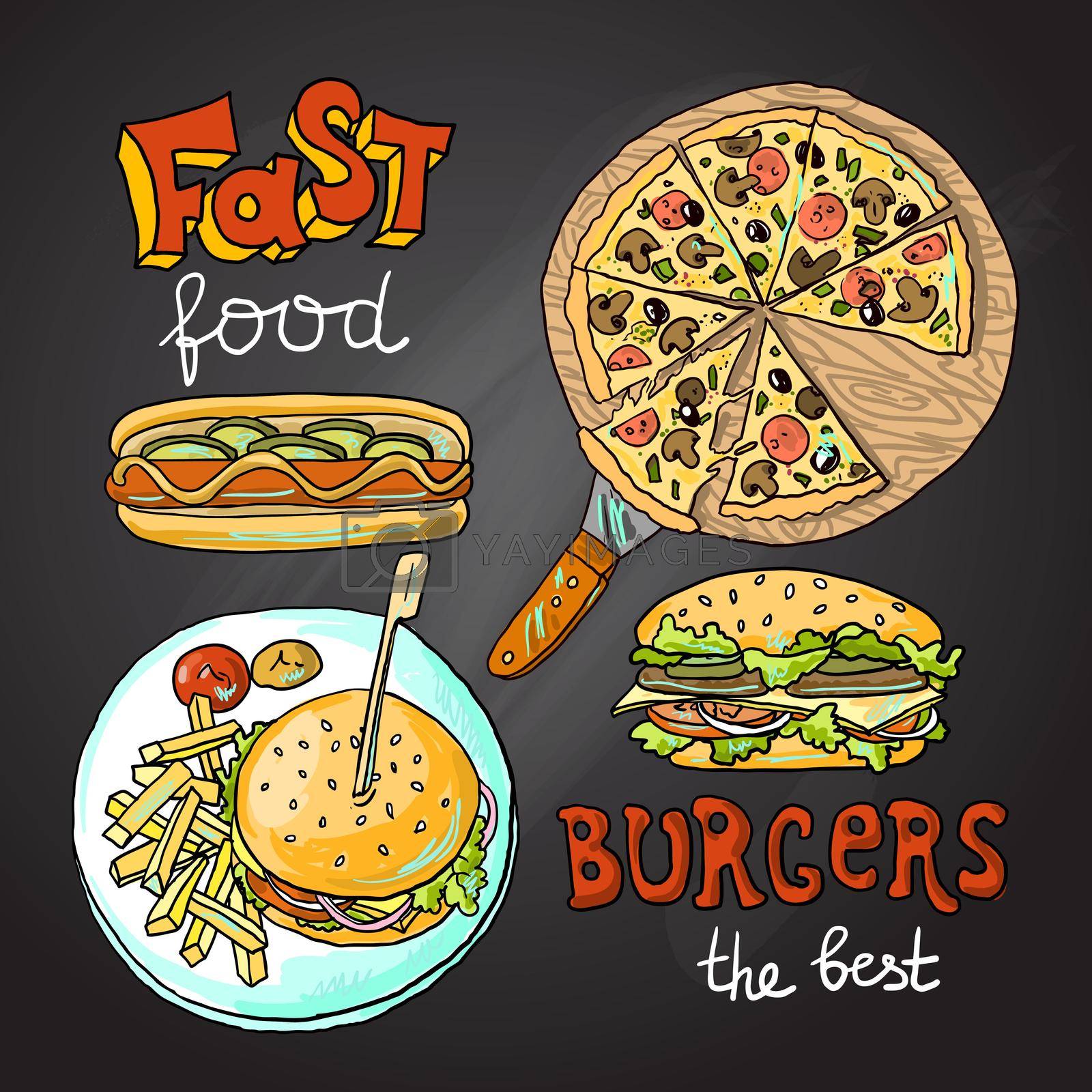 Beautiful hand drawn illustration fast food top view
