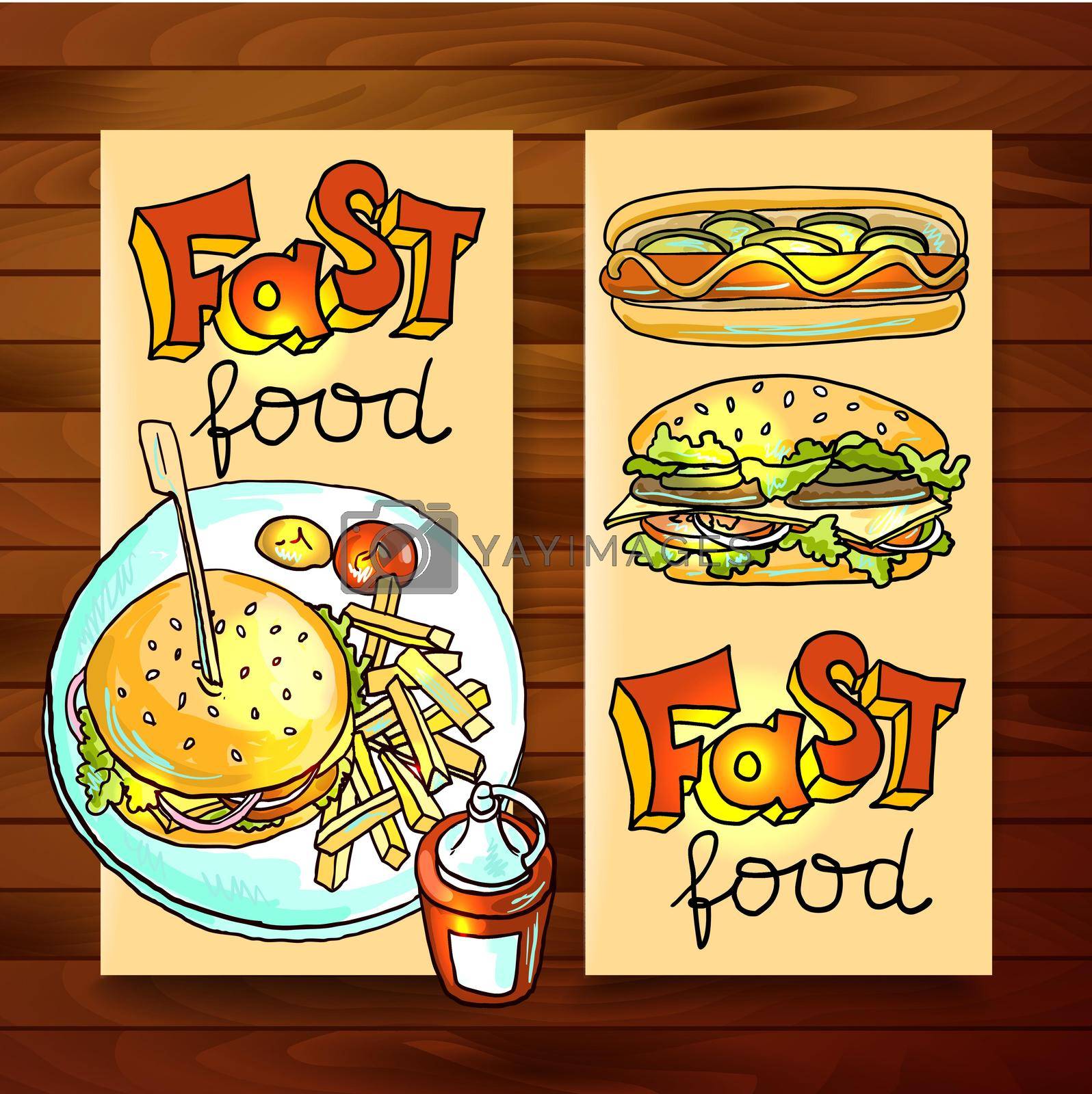 Beautiful hand drawn vertical banners fast food top view