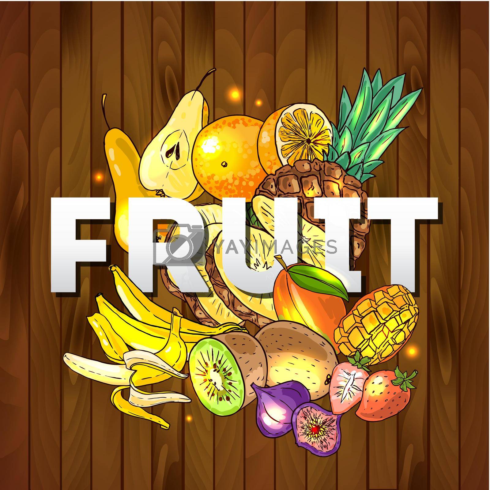 Beautiful hand drawn illustration fruits on the wood textyre