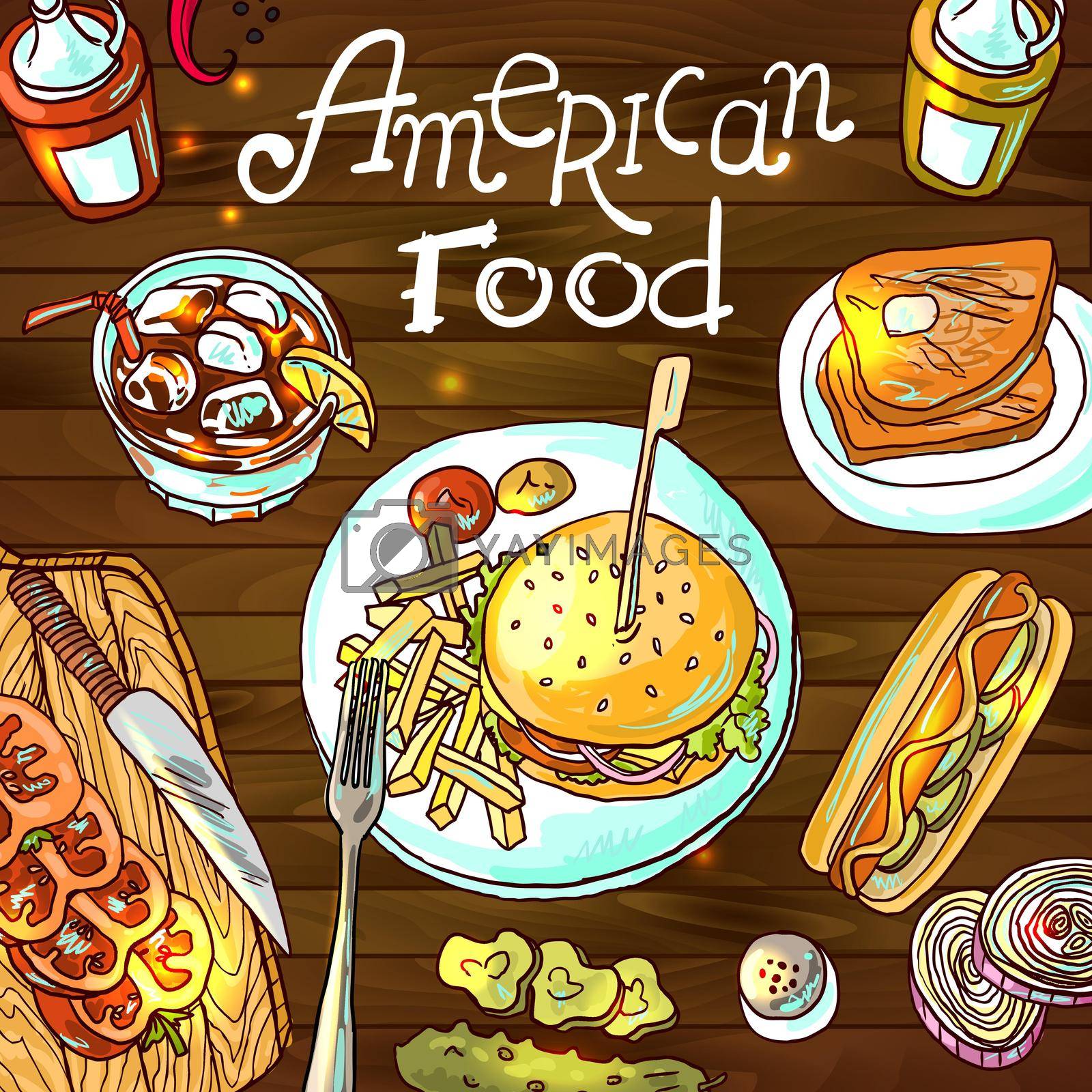 Beautiful hand drawn illustration  american food  top view