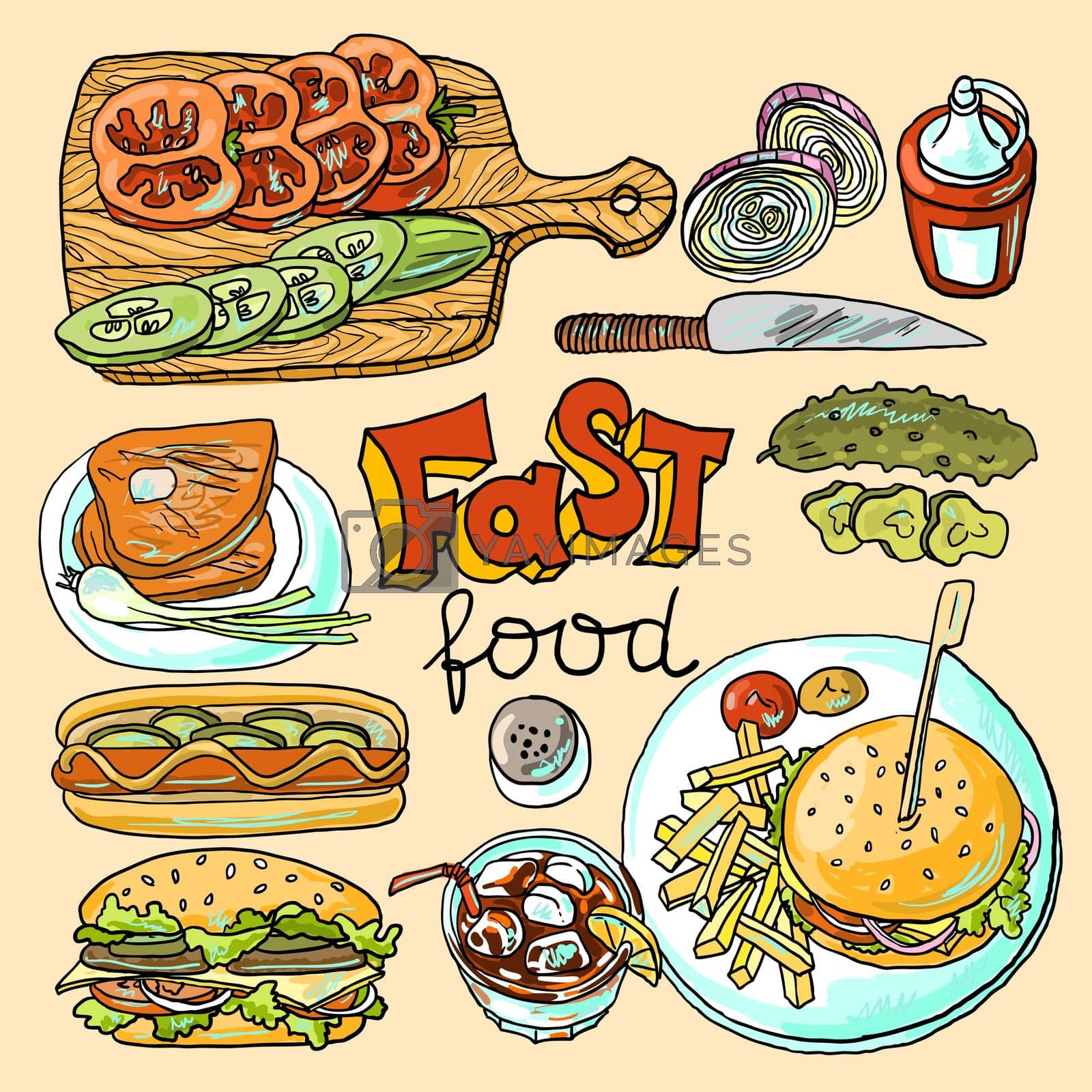 Beautiful hand drawn illustration fast food top view