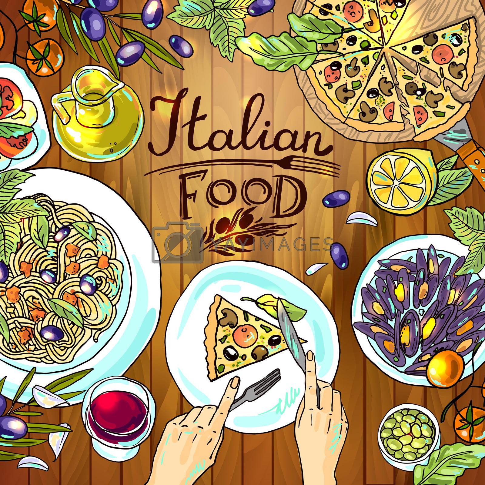 beautiful hand-draw illustration- italian food on the wood texture