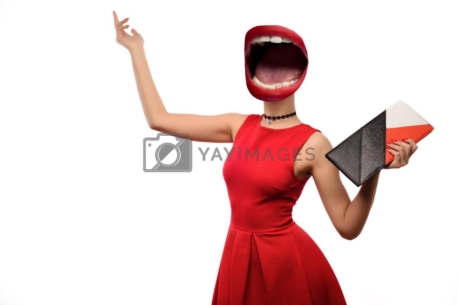 Fashion woman portrait isolated on white. female beautiful model. Collage of open mouth instead of a woman's head in red dress with clutch is happy about the sale