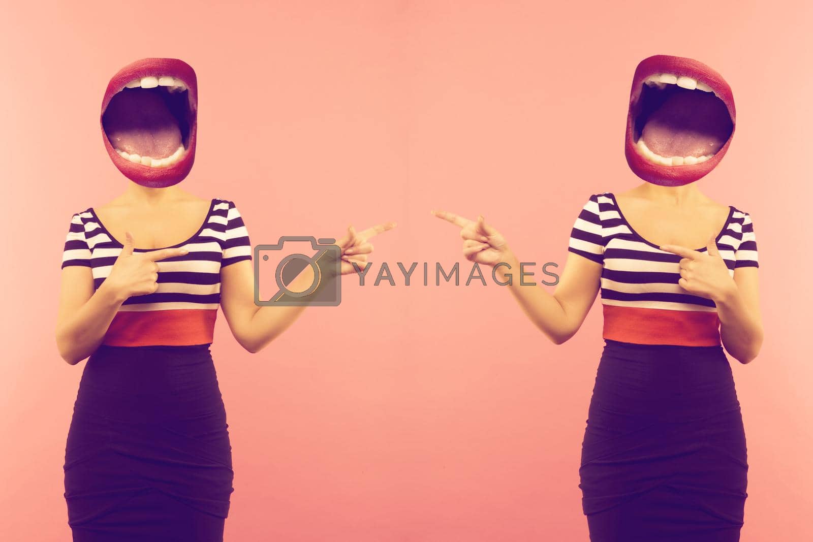 Stylish fashion sexy bad crazy girl with an open mouth instead of a head. Red lips .Two woman pointing a side. Pink background