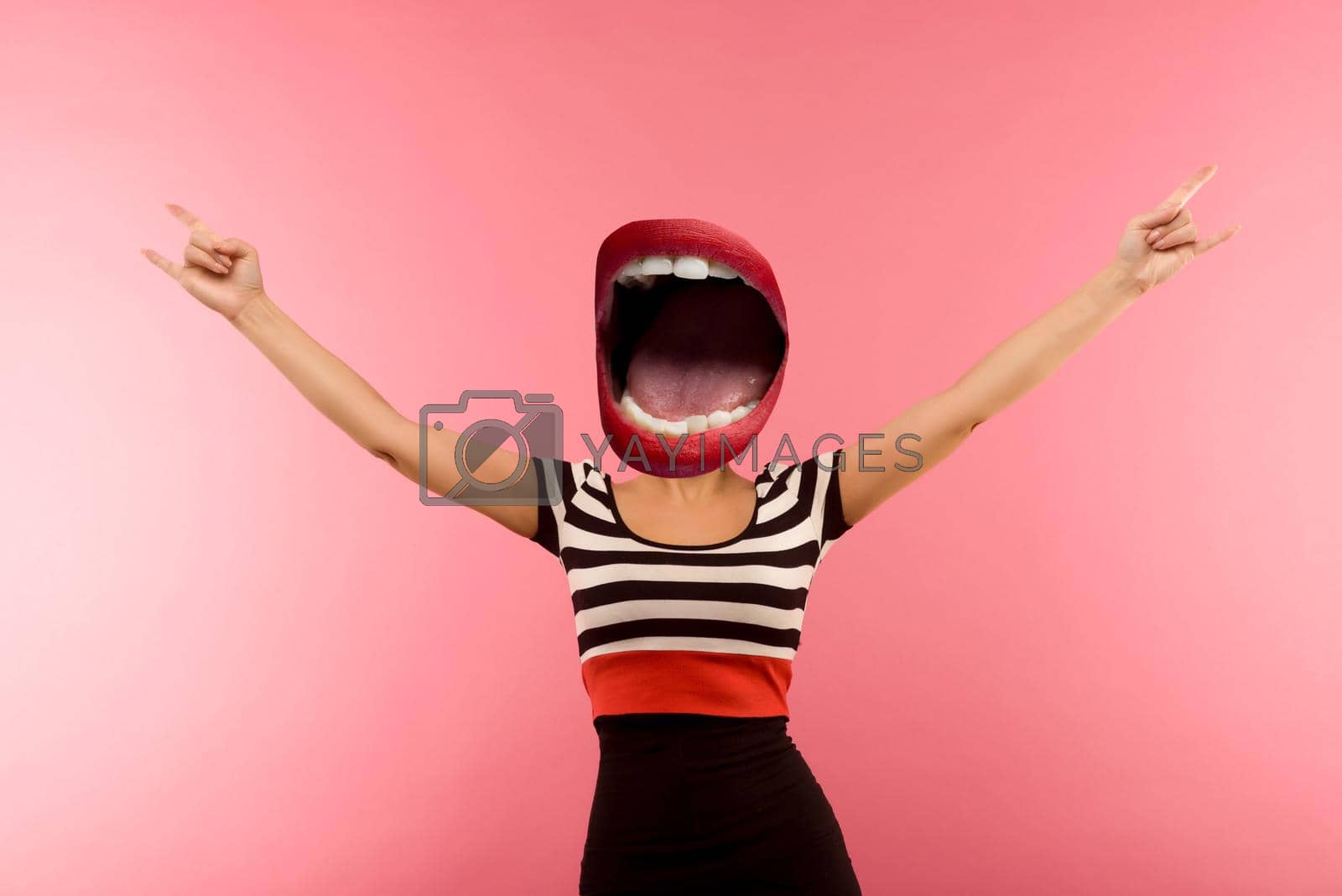 Stylish fashion sexy bad crazy girl with an open mouth instead of a head. Red lips. Dangerous rocky emotional woman. Pink background
