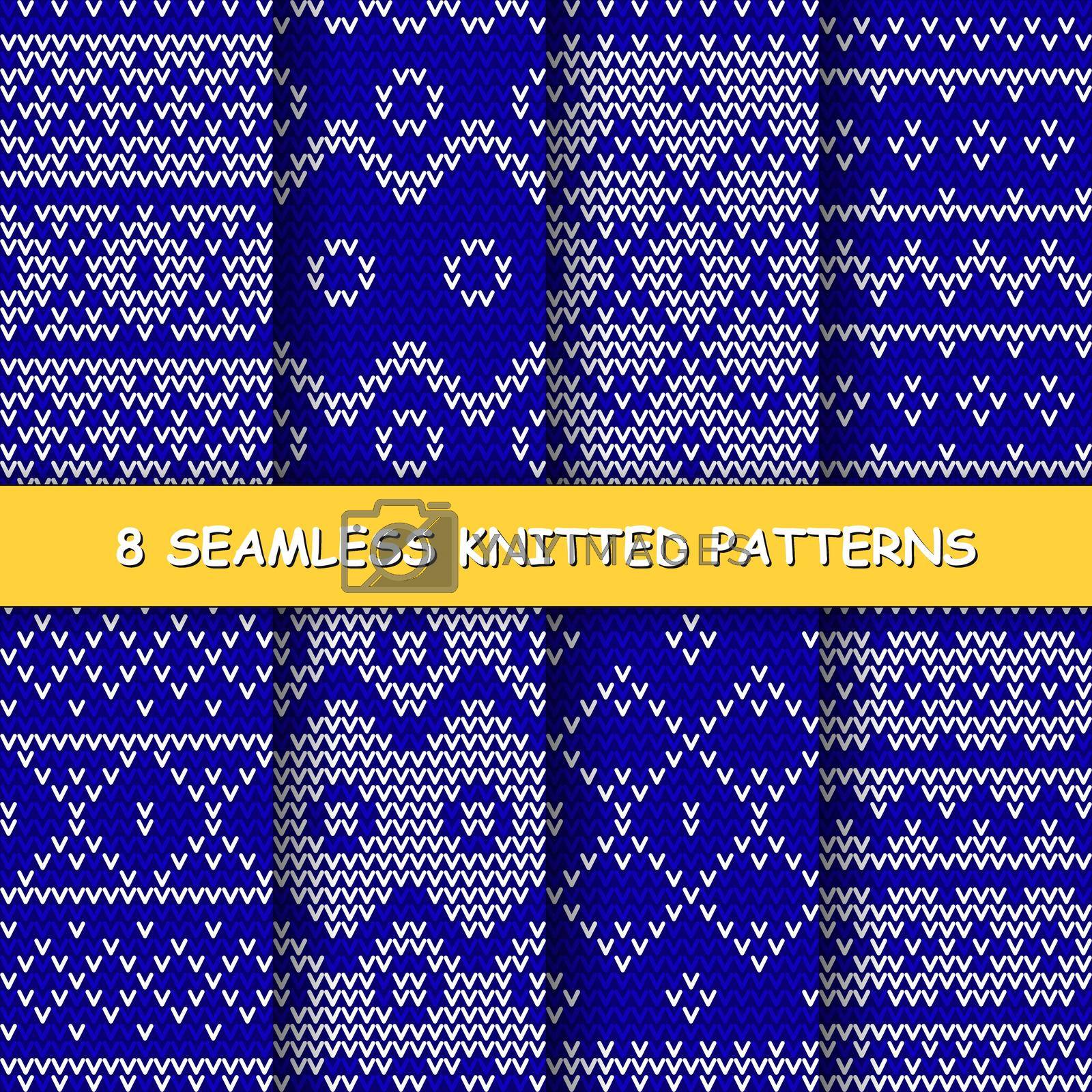 Set with seamless winter patterns. Blue and white knitted christmas backgrounds in scandinavian style. Vector