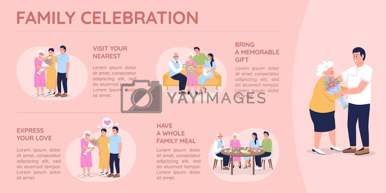 Family celebration flat color vector infographic template. Express love and care. Poster with text, PPT page concept design with cartoon characters. Creative data visualization. Info banner idea
