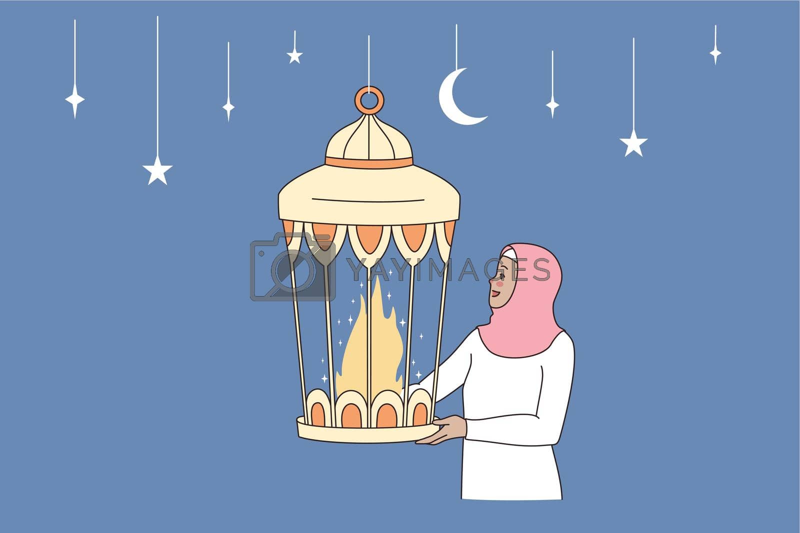 Happy ramadan mubarak celebration concept. Young arabic islam woman standing holding traditional holiday lamp with fire burning inside vector illustration