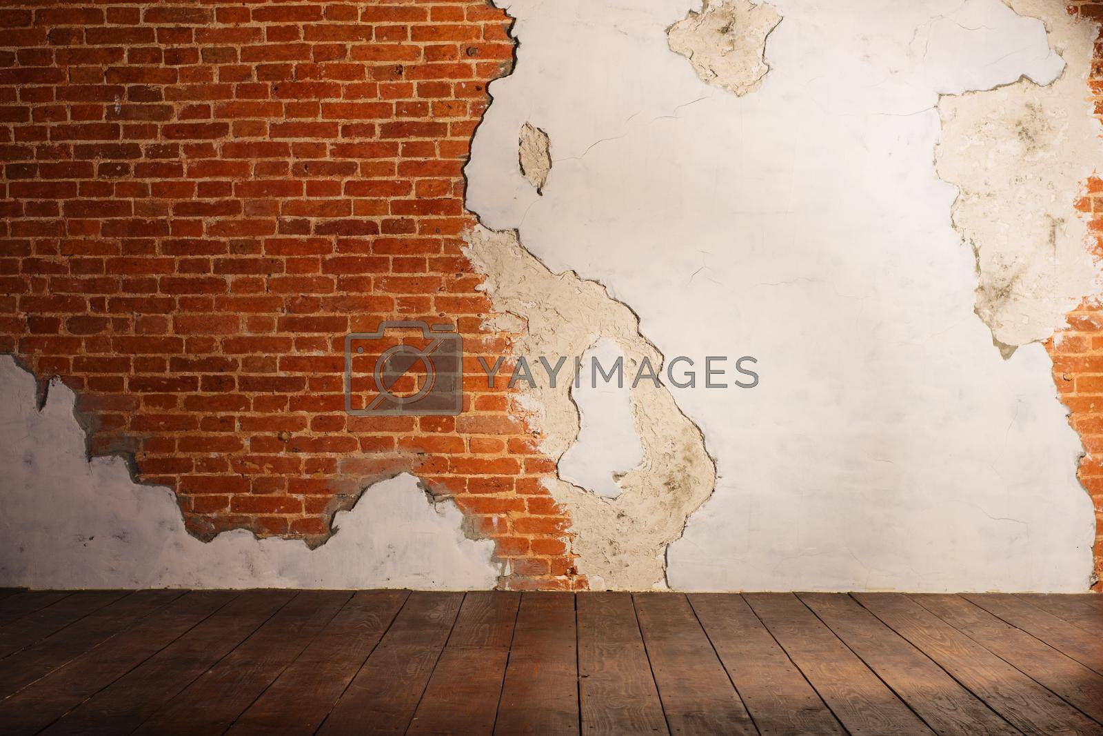 plastered brick wall and wood interior background texture