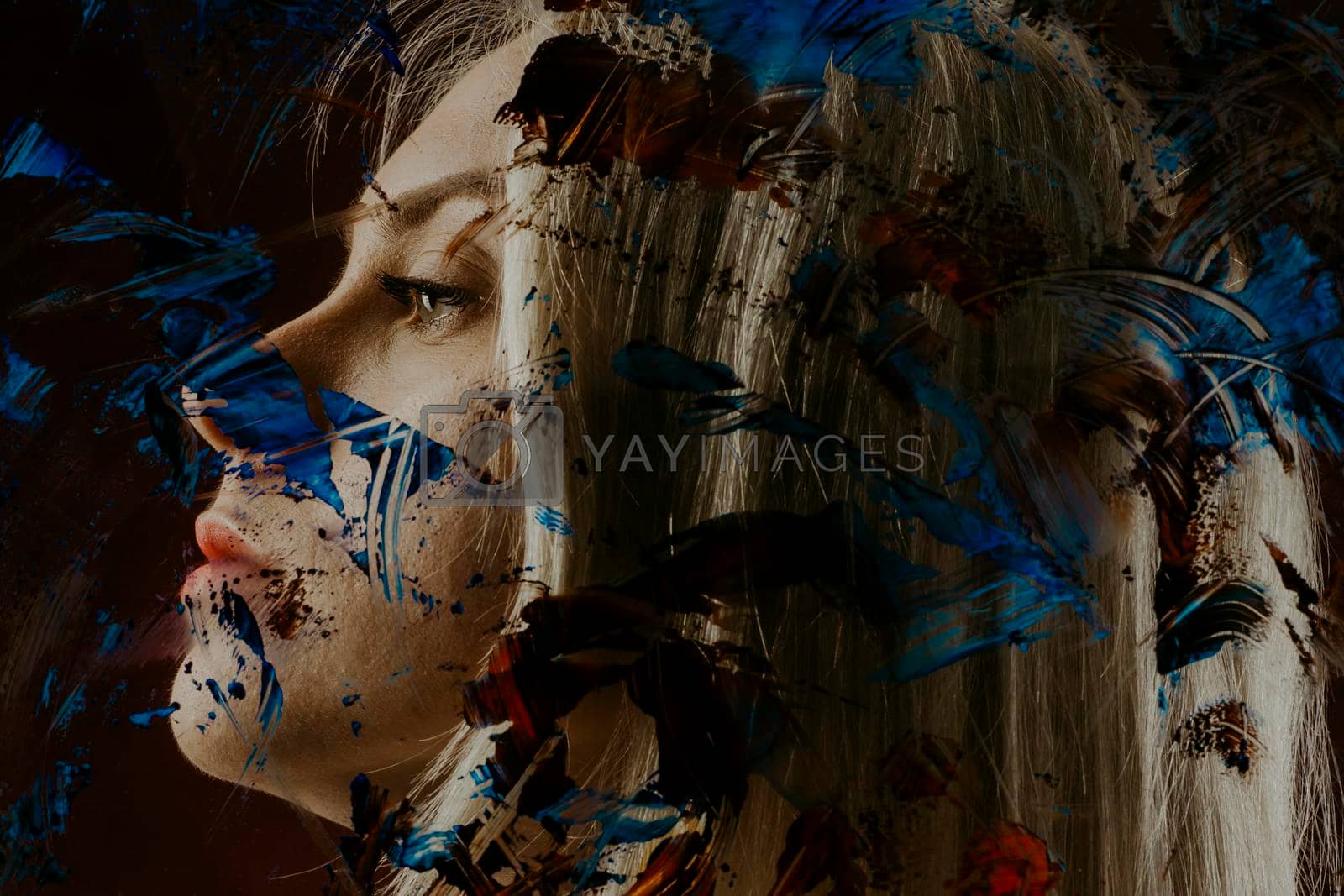Royalty free image of Profile of a young woman behind glass in paint. The concept of suffering girls autistic. by zartarn