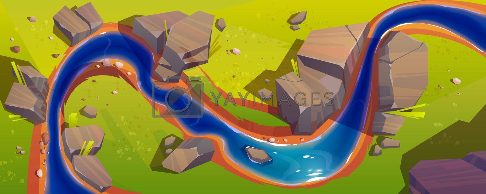 Flowing river top view. Vector background of nature landscape with blue water stream, green grass and rocks. Illustration of summer scene with brook flow on field with stones