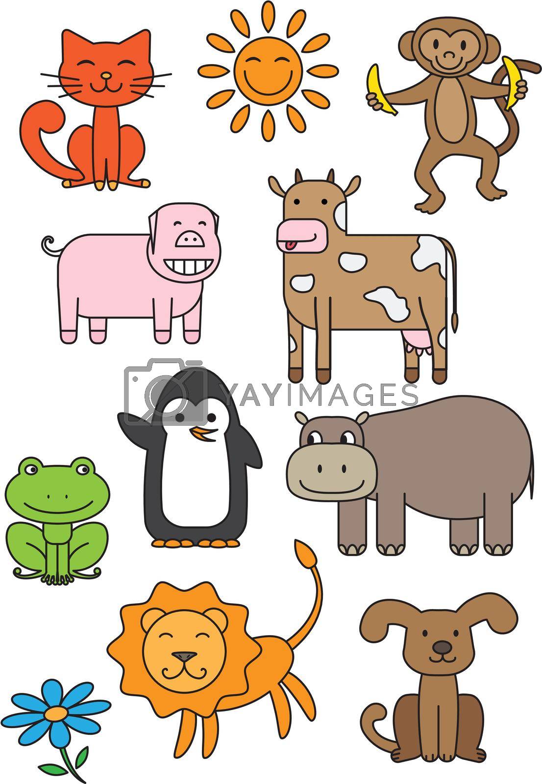 Cartoon animals characters set for children. Vector print ready A4 design