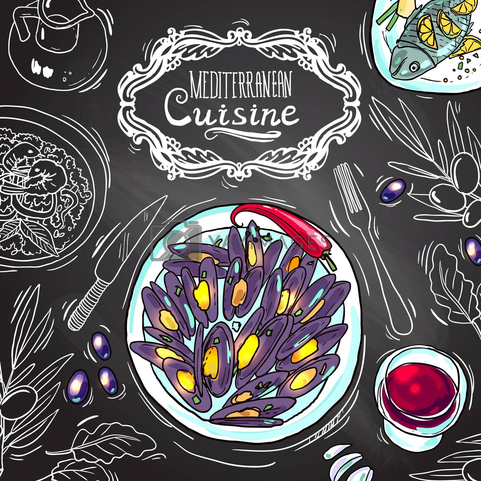 Beautiful hand drawn illustration mediterranean cuisine on the chalkboard