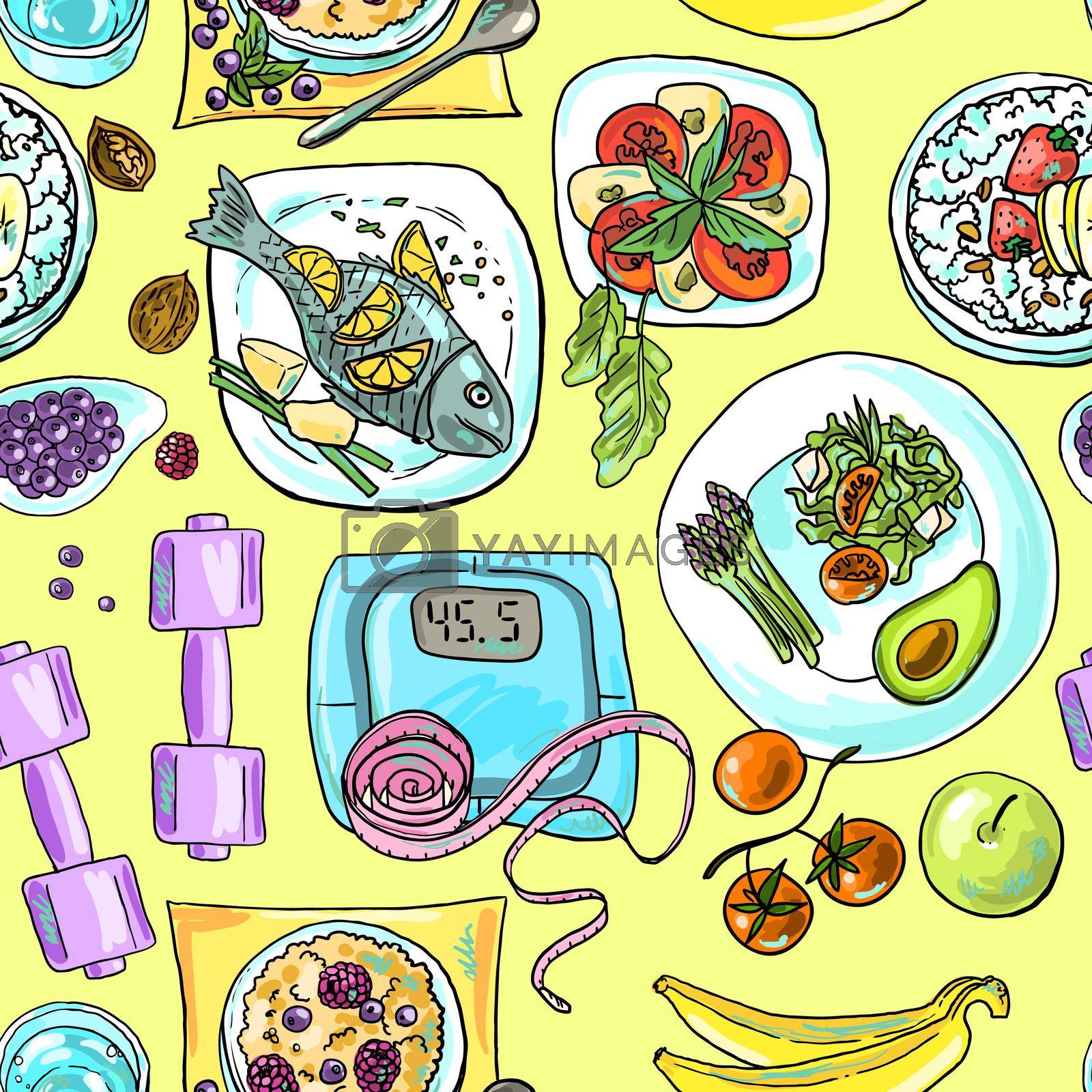 Beautiful hand- drawn seamless pattern healthy food for your design