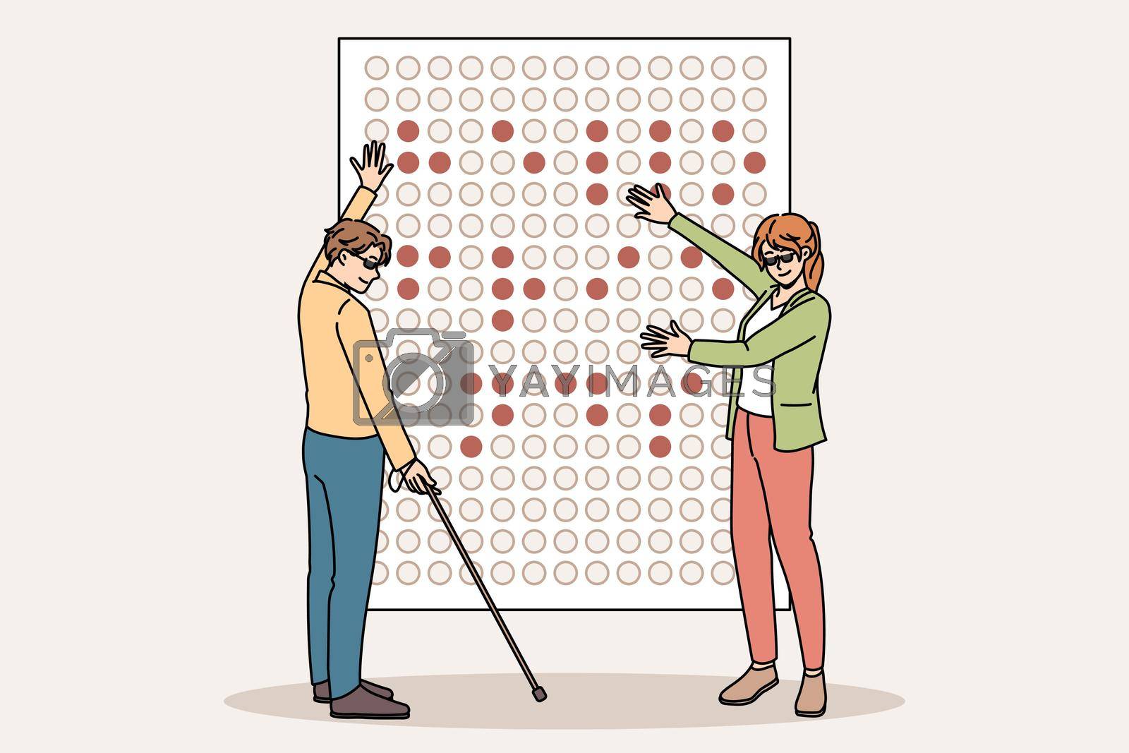 Blind people learn braille alphabet on board in school together. Disabled man and woman communicate read use symbols sign language. Equality and disability concept. Flat vector illustration.