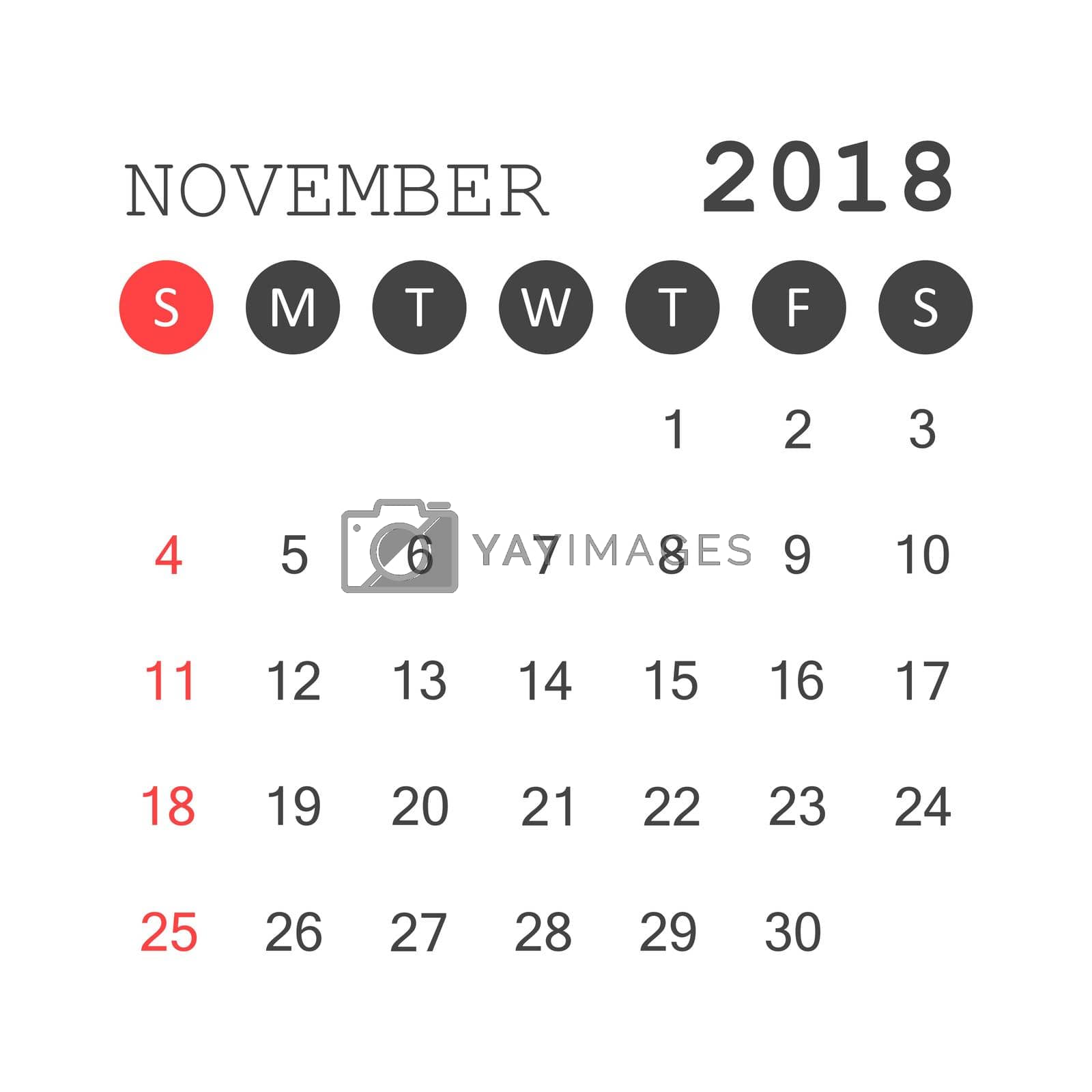 Royalty free image of November 2018 calendar. Calendar planner design template. Week starts on Sunday. Business vector illustration. by LysenkoA