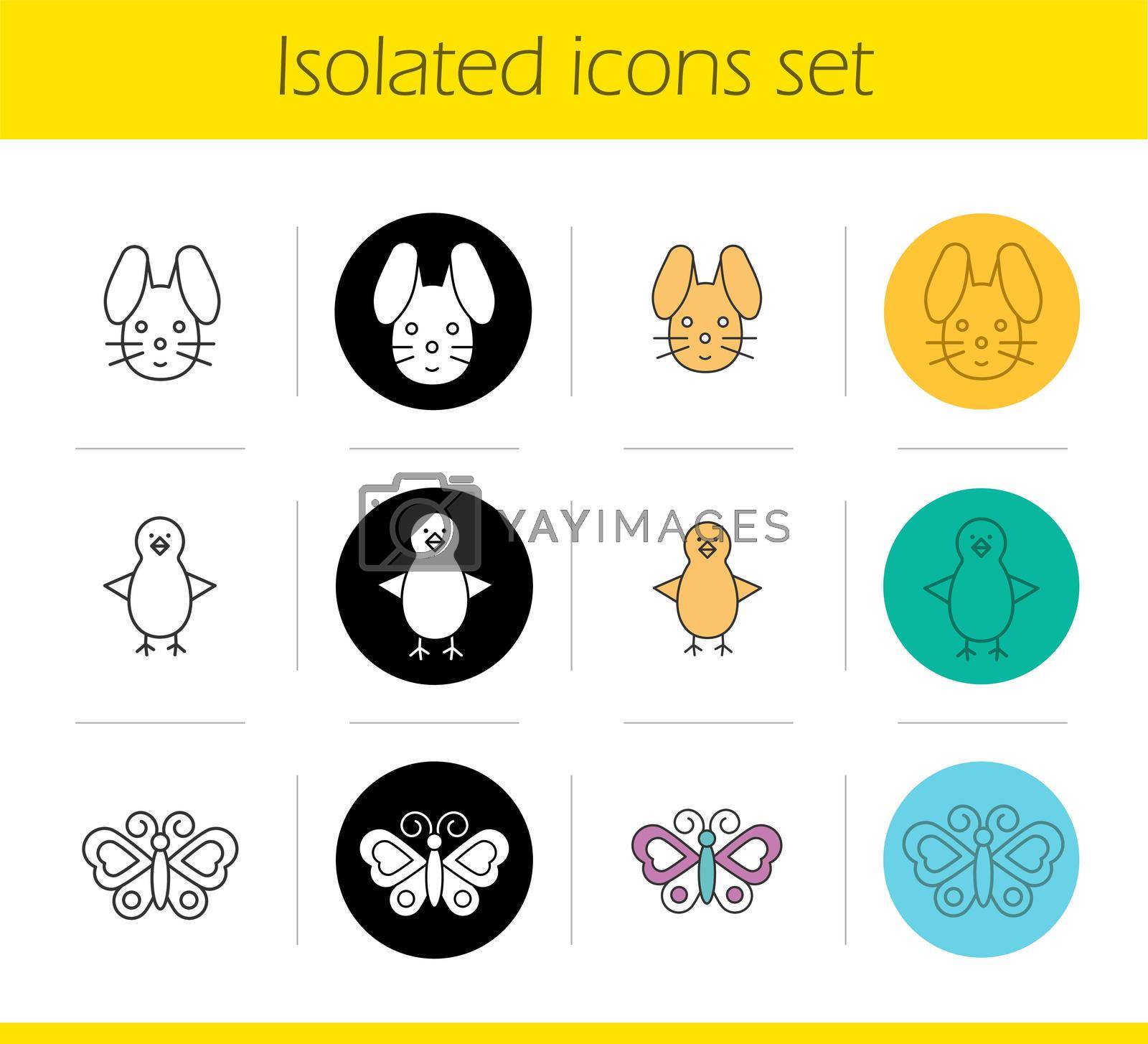 Animals icons set. Linear, black and color styles. Rabbit, chicken, butterfly. Isolated vector illustrations