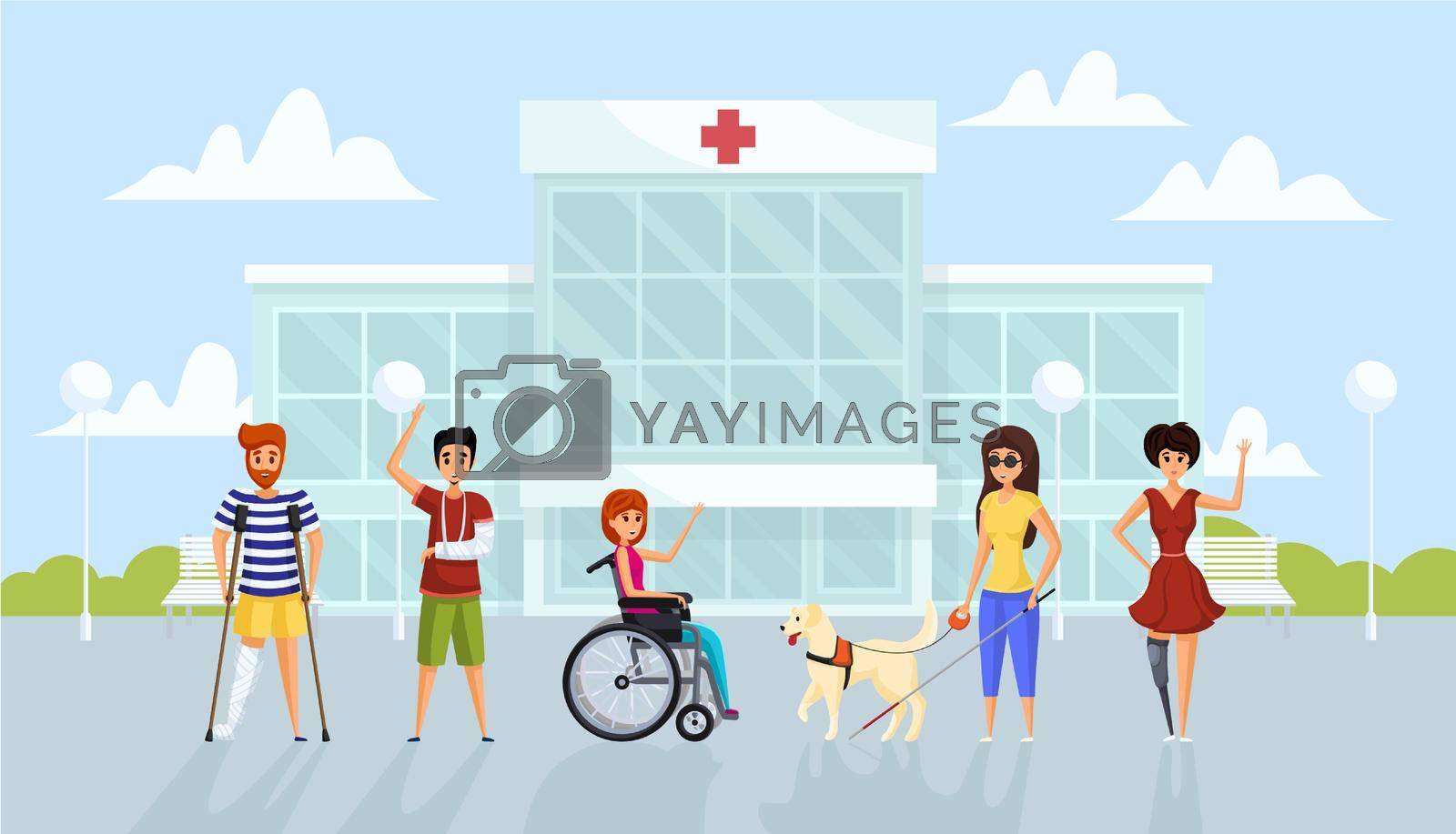 Medicine, disability, healthcare concept. Group of disabled men women stand together near hospital. Handicapped people with desease of prosthesis crutches stick in wheelchair blindness illustration.