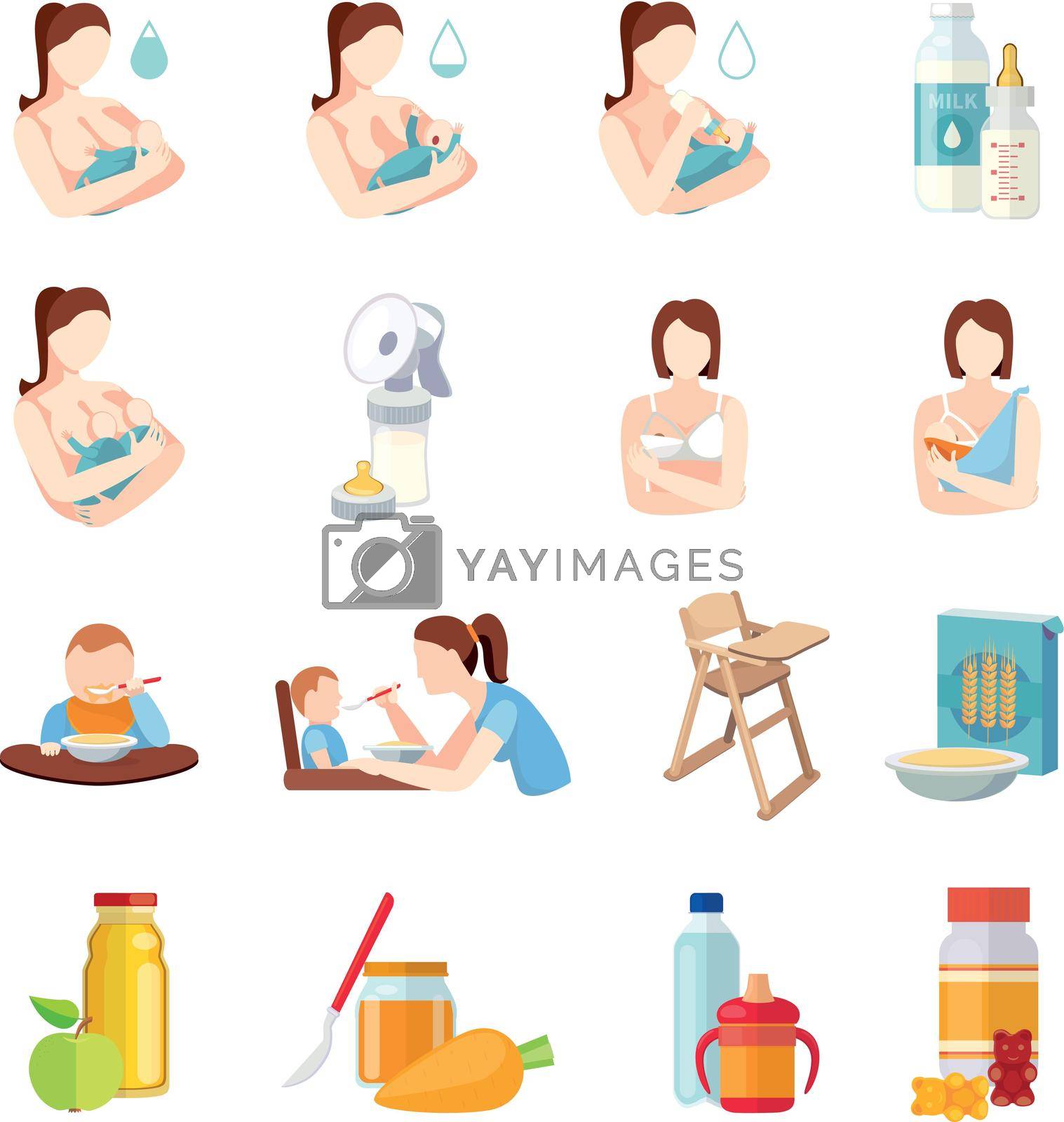 Babies breastfeeding positions and toddlers milk formula feeding with spoon flat icons set abstract isolated vector illustration
